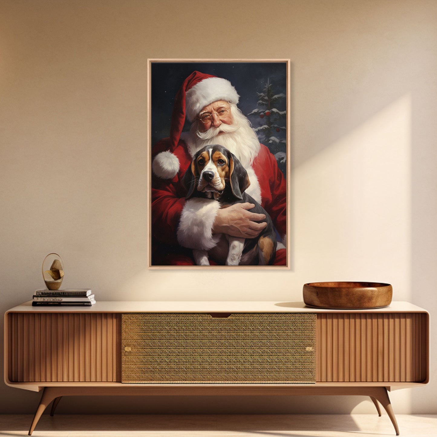 Santa Claus and his Beagle, Cute Dog Art, Framed Canvas Print, Christmas Art, Christmas Decor, Christmas Art Print, Christmas Wall Art