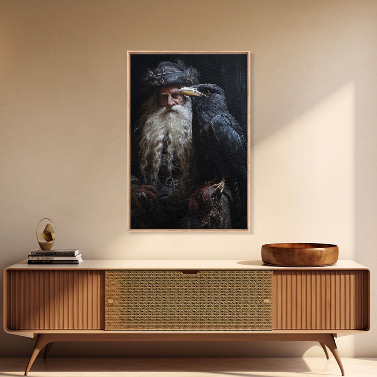 Gothic Santa and his Raven, Framed Canvas Print, Christmas Decor, Farmhouse Christmas, Gothic Christmas, Santa Art Print, Crow Print