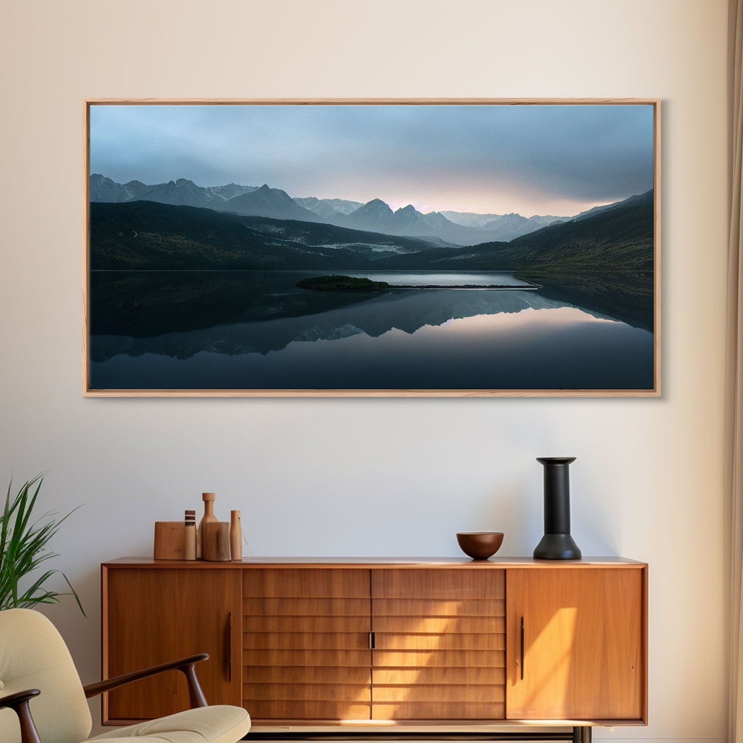 Calm Reflection Of A Lake and Mountains, ready to hang canvas print wall art, Lakehouse Cabin Wall Decor