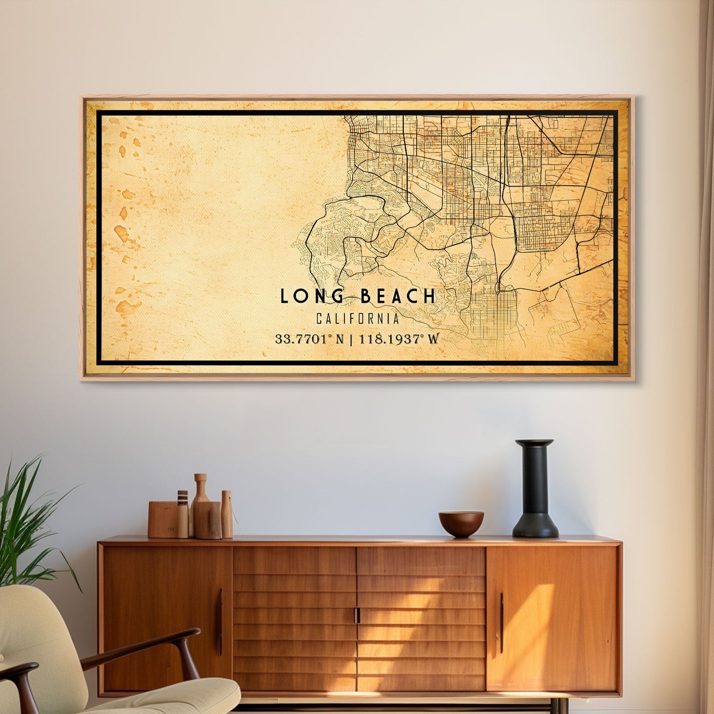 Old Map of Long Beach California, Distressed Vintage Map | Vintage Poster Wall Art Print | Wall Map Print | Old Map Print, Framed Canvas Map
