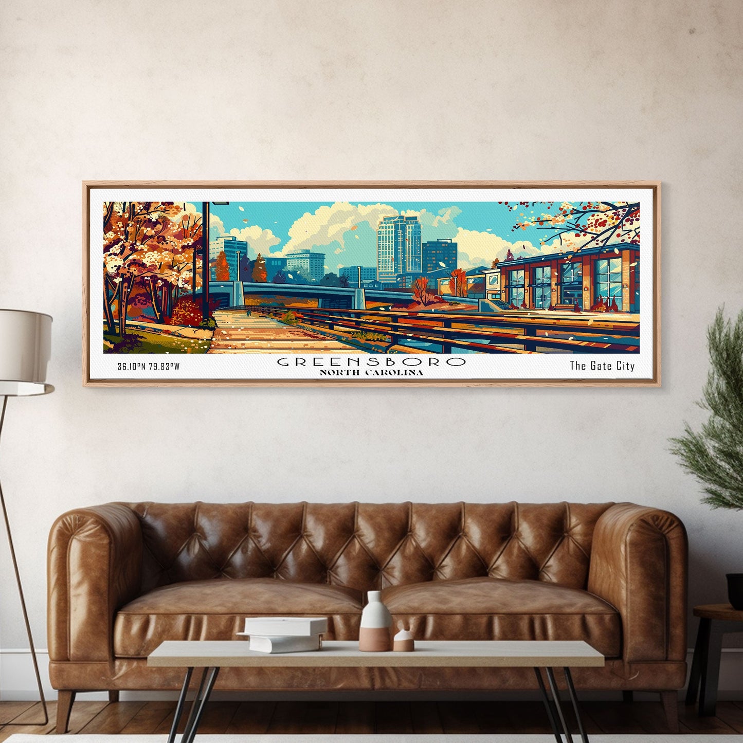 Greensboro North Carolina Panoramic Travel Poster Framed Canvas Print, Mid Century Modern Art, Pop Art Style, Wall Art Decor, Home Decoration