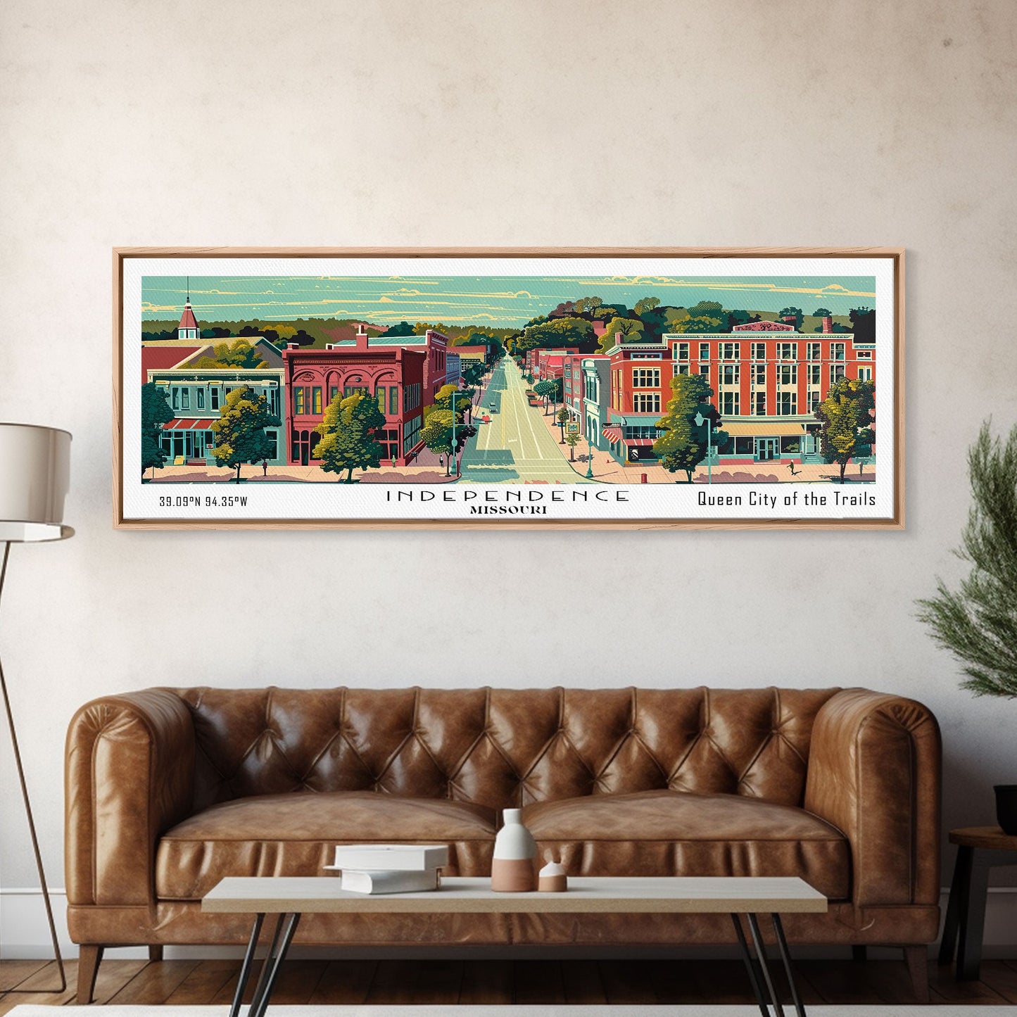 Independence Missouri Panoramic Painting, Mid Century Modern Framed Canvas Print, Retro Pop Art Travel Poster, Home Decor