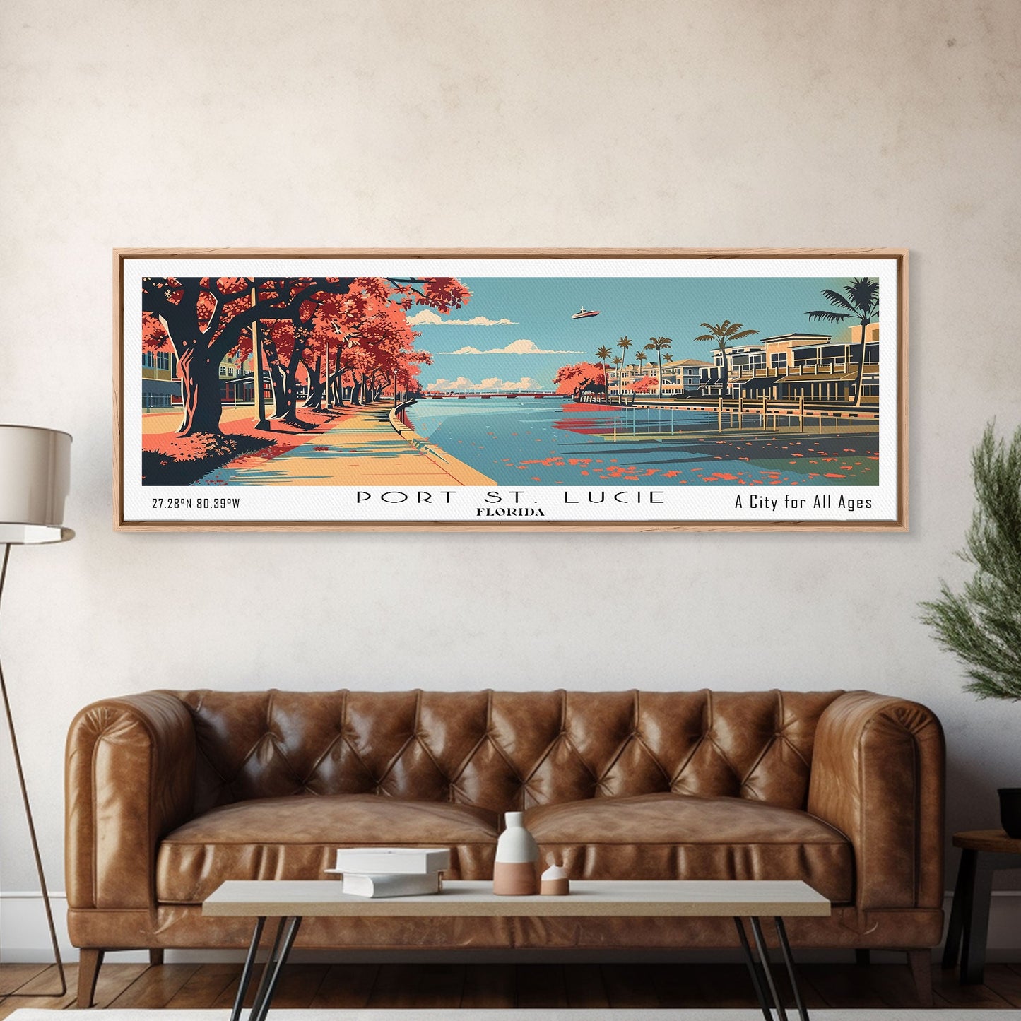 Port St. Lucie Florida Panoramic Painting, Mid Century Modern Framed Canvas Print, Retro Pop Art Travel Poster, Home Decor, Cityscape Art