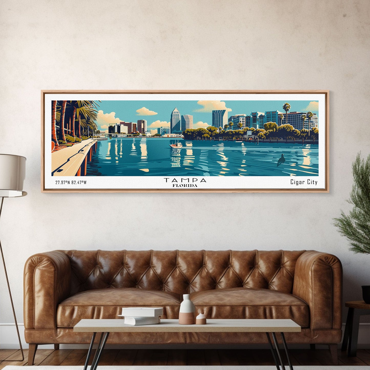 Tampa Florida Panoramic Wall Art, Mid Century Modern Framed Canvas Print, Retro Pop Art Cityscape, Travel Poster, Living Room Decor