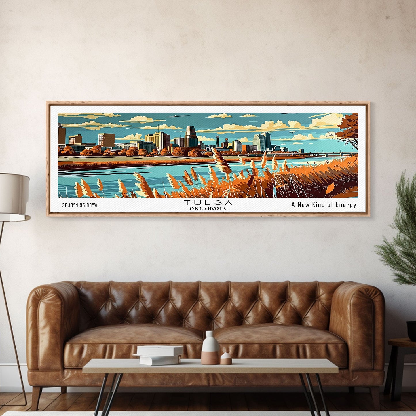 Tulsa Oklahoma Panoramic Wall Art, Mid Century Modern Framed Canvas Print, Retro Pop Art Travel Poster, Cityscape Decor, Office Wall Art