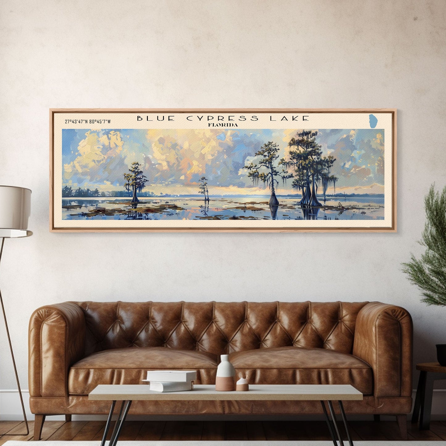Blue Cypress Lake Florida Framed Canvas Print, Lake House Art, Panoramic Scenic View, Travel Poster, Modern Decor, Lake Painting