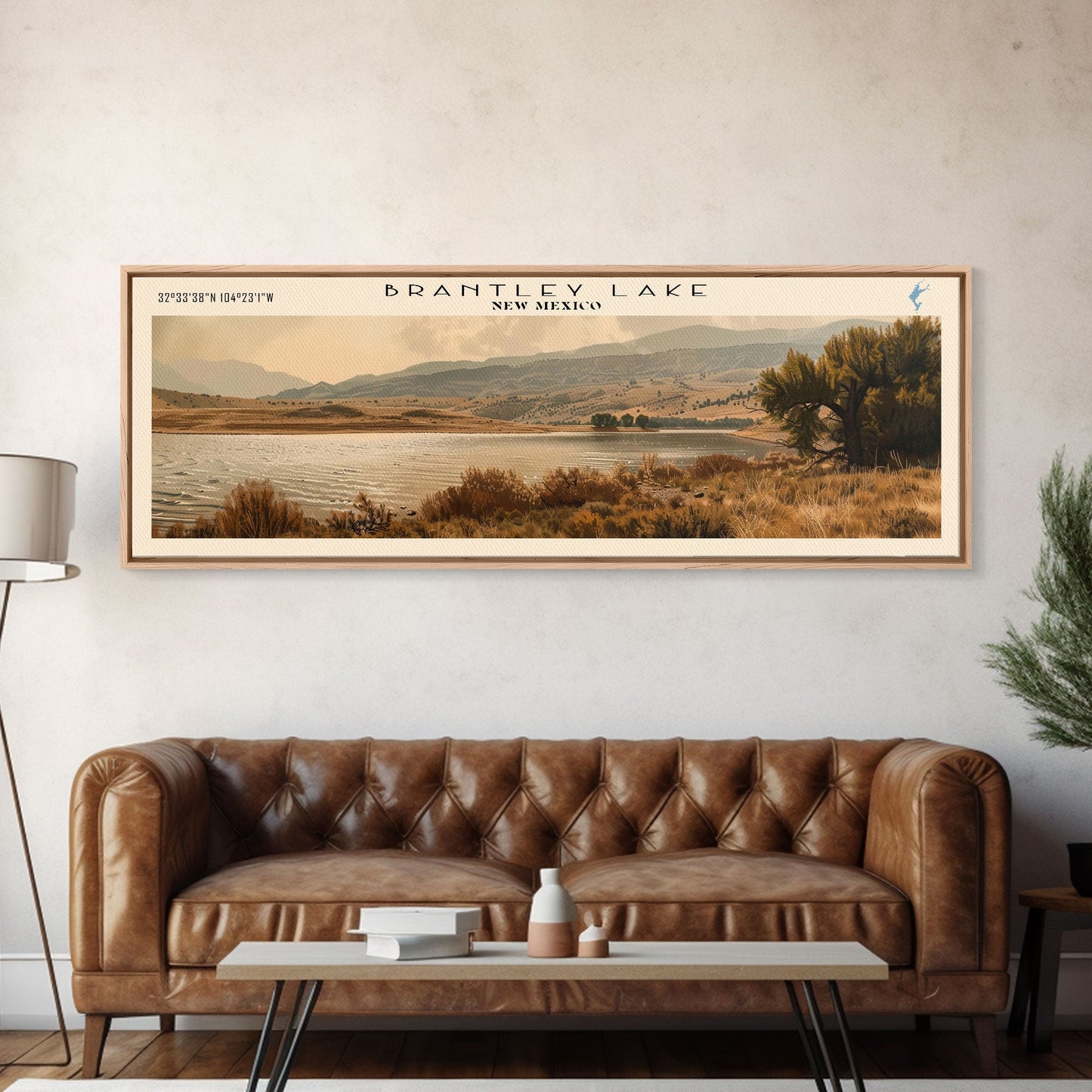 Brantley Lake New Mexico Framed Canvas Print, Lake House Art, Panoramic Wall Art, Travel Poster, Modern Lake Painting, Nature Art