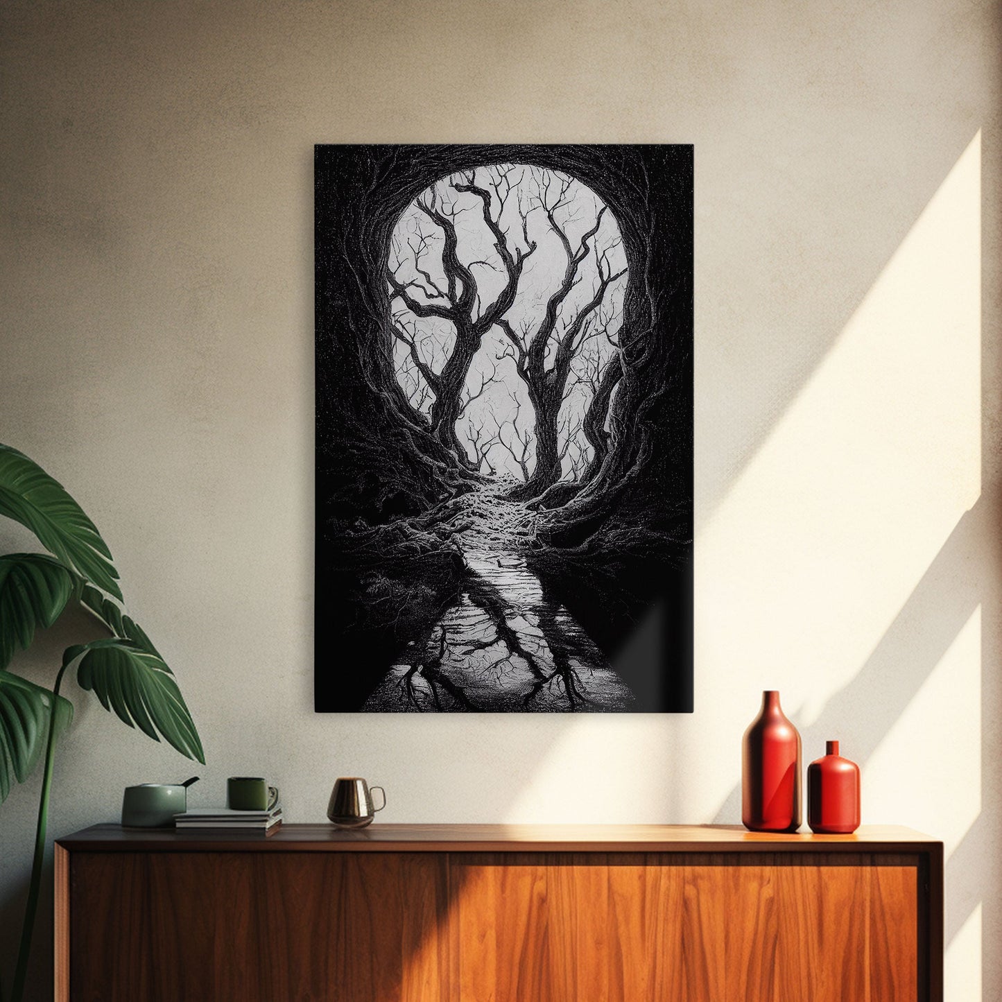 Spooky Haunted Halloween Forest, Black and White Art, Framed Canvas Print, Ready To Hang Framed Wall Art, Living Room Wall Hanging