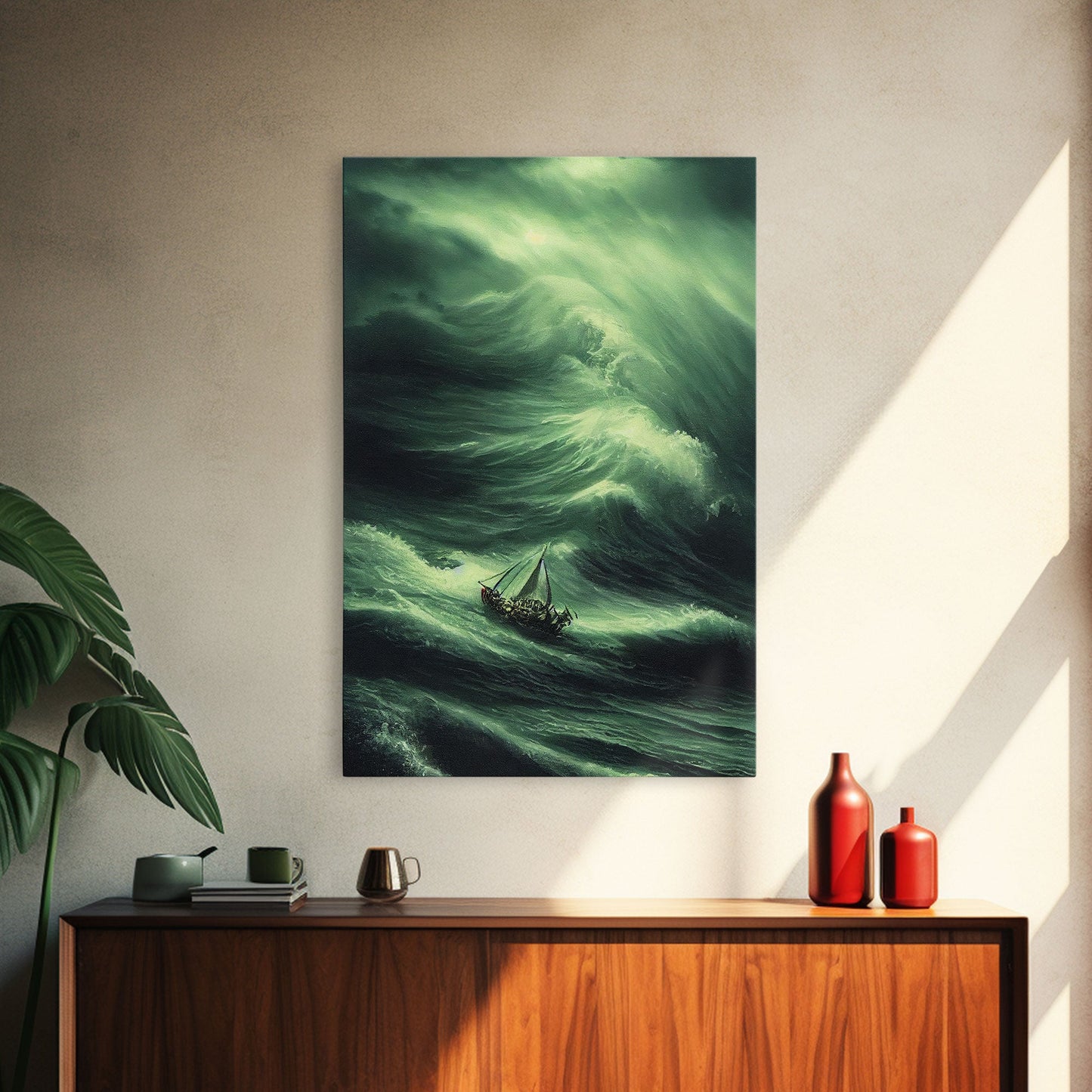 Sailboat in a hurricane, watercolor painting, framed canvas print, sailing in the eye of the storm