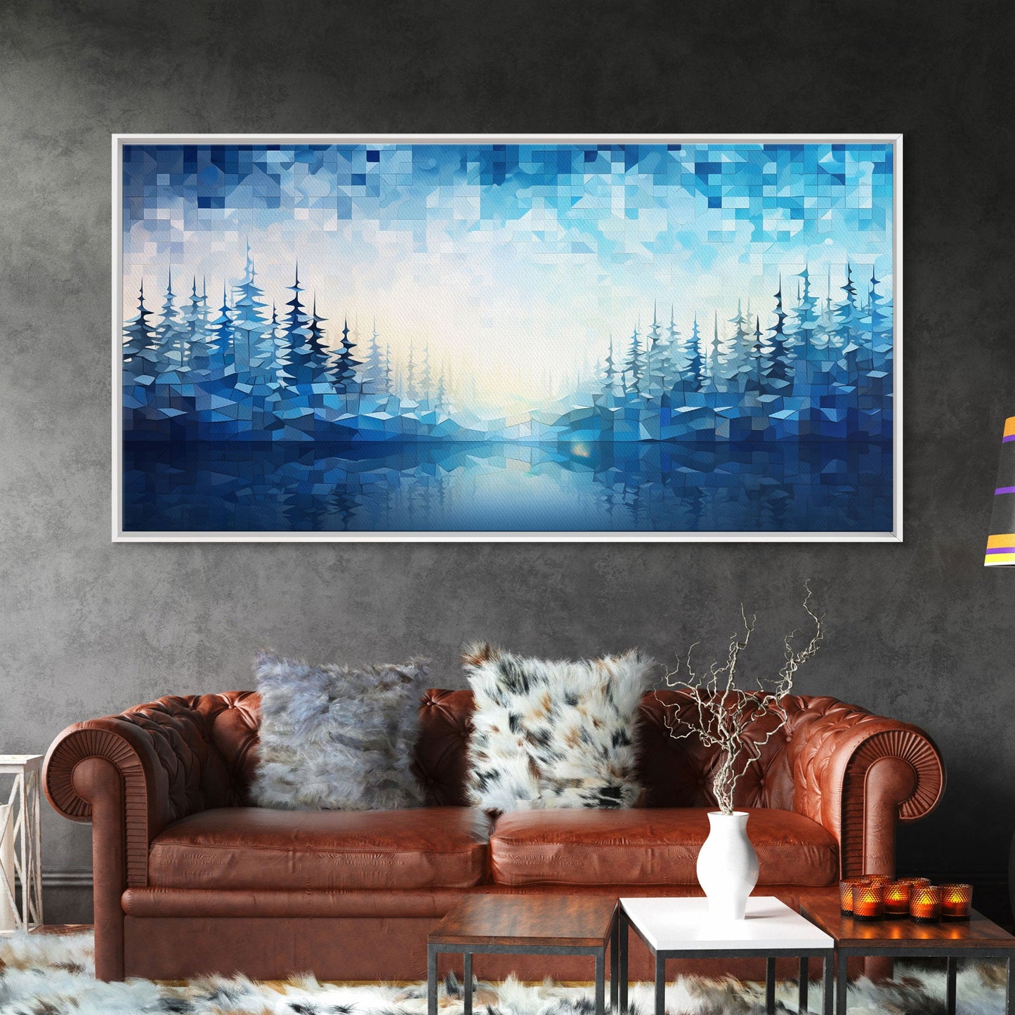 A Winter Scene, Framed Canvas Print, Mosaic Style Painting Print, Stained Glass Style Art, Above Mantle Art, Living Room Decor