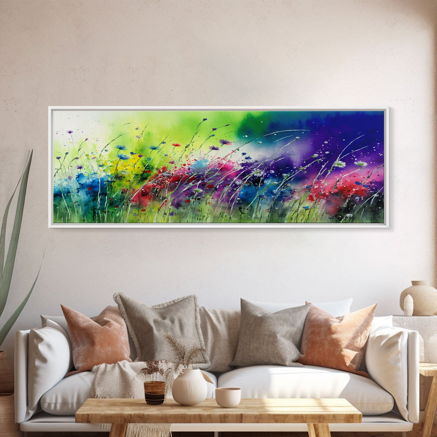Framed Canvas Print of Colorful Wild Flower Field - Gallery-Wrapped Artwork - Ready to Hang - High Quality Artwork - Panoramic Art