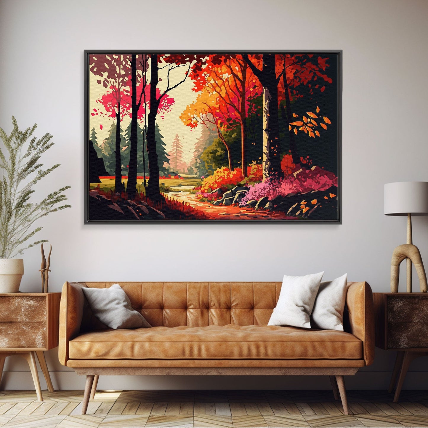 Pop Art Style Fall Forest Landscape, Framed Canvas Print, Unique living room wall art, above sofa art, Color Pop forest art
