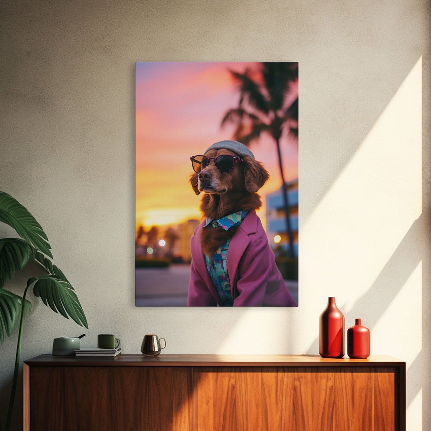 Golden Retriever Wall Print, Dog Art, Dog Sunglasses, Dog In Pink Suit, Funny Art, Framed Wall Art, Framed Canvas, Wall Print, Wall Canvas