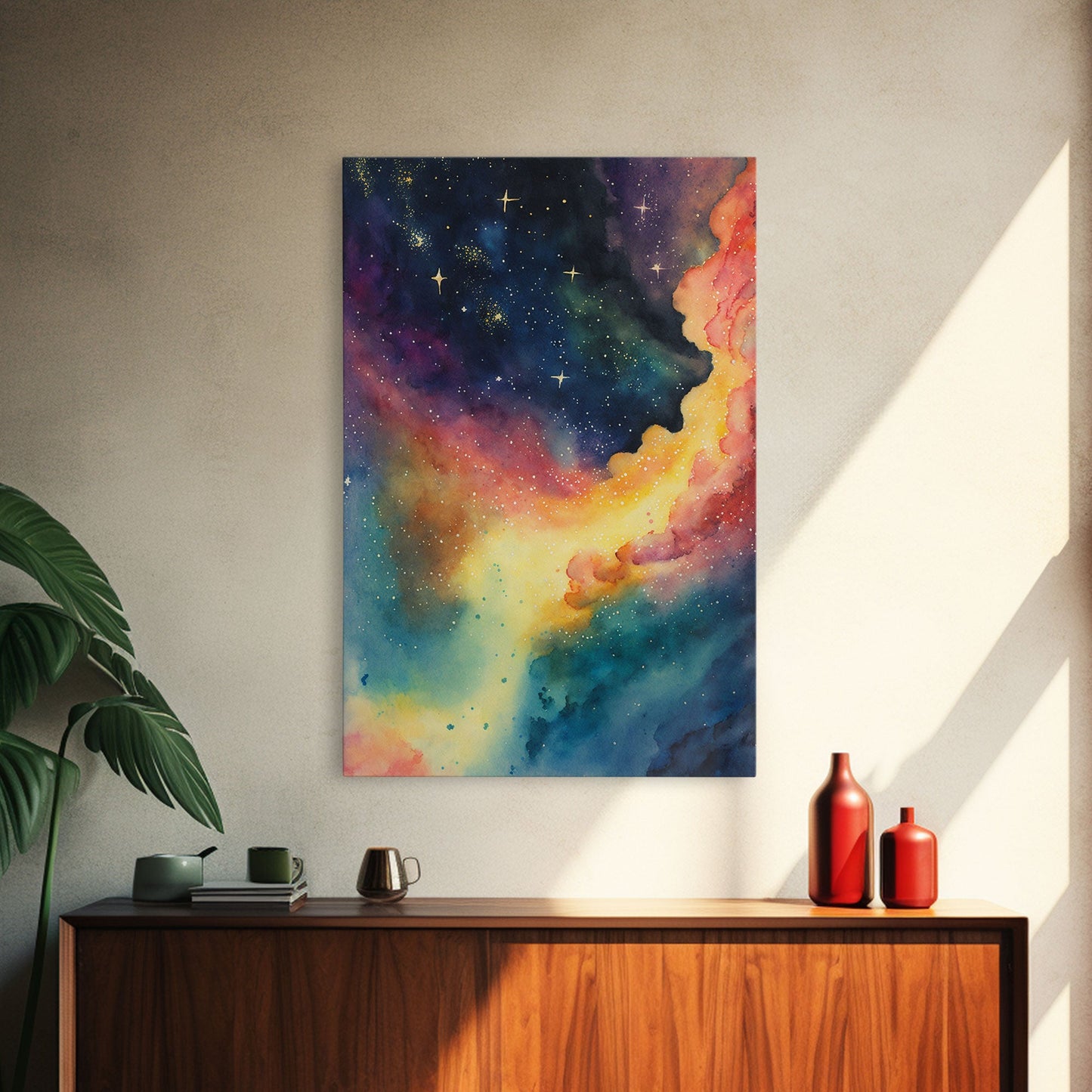 The Rainbow Nebula, Deep Space Art, Framed Canvas Print, Watercolor Painting of Space