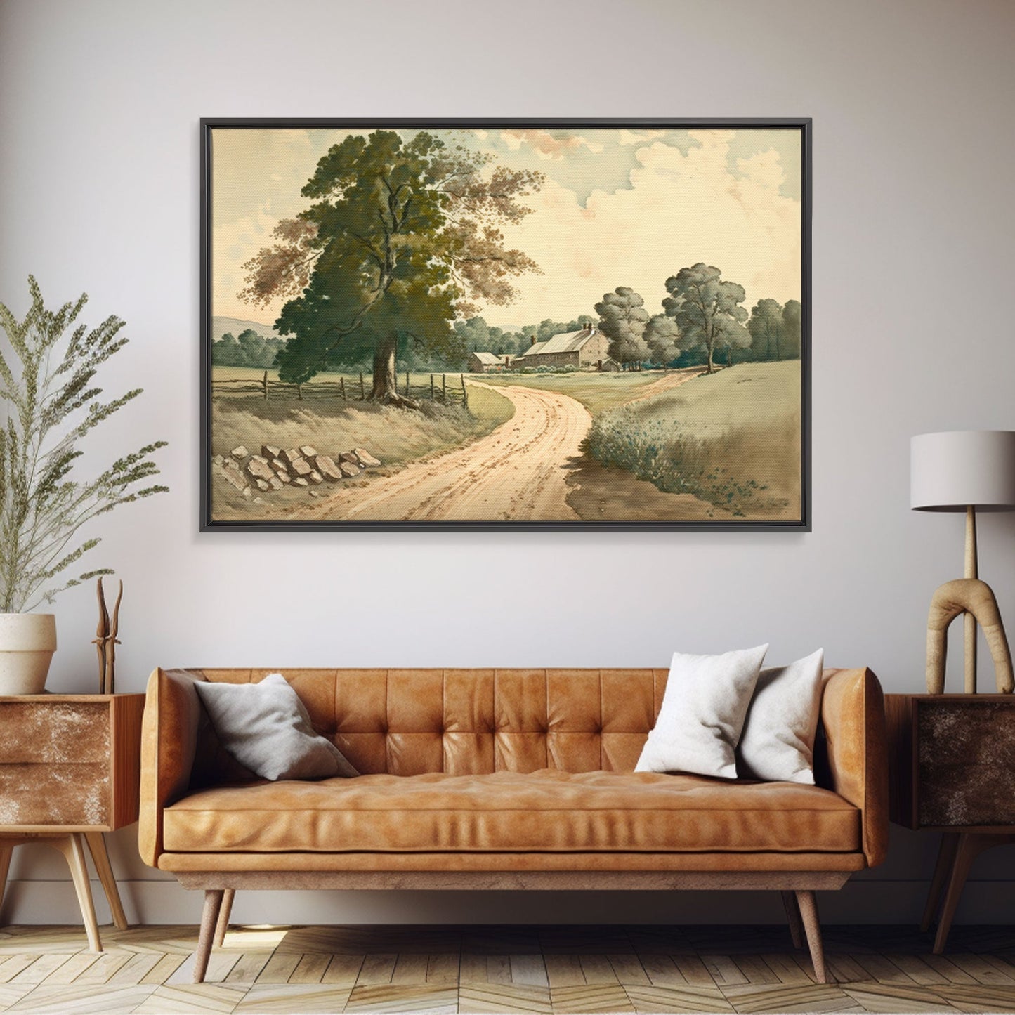 Vintage Landscape Wall Art Print, Nature Framed Large Gallery Art, Minimalist Art Ready to Hang, With Hangers, Muted Farmhouse Art