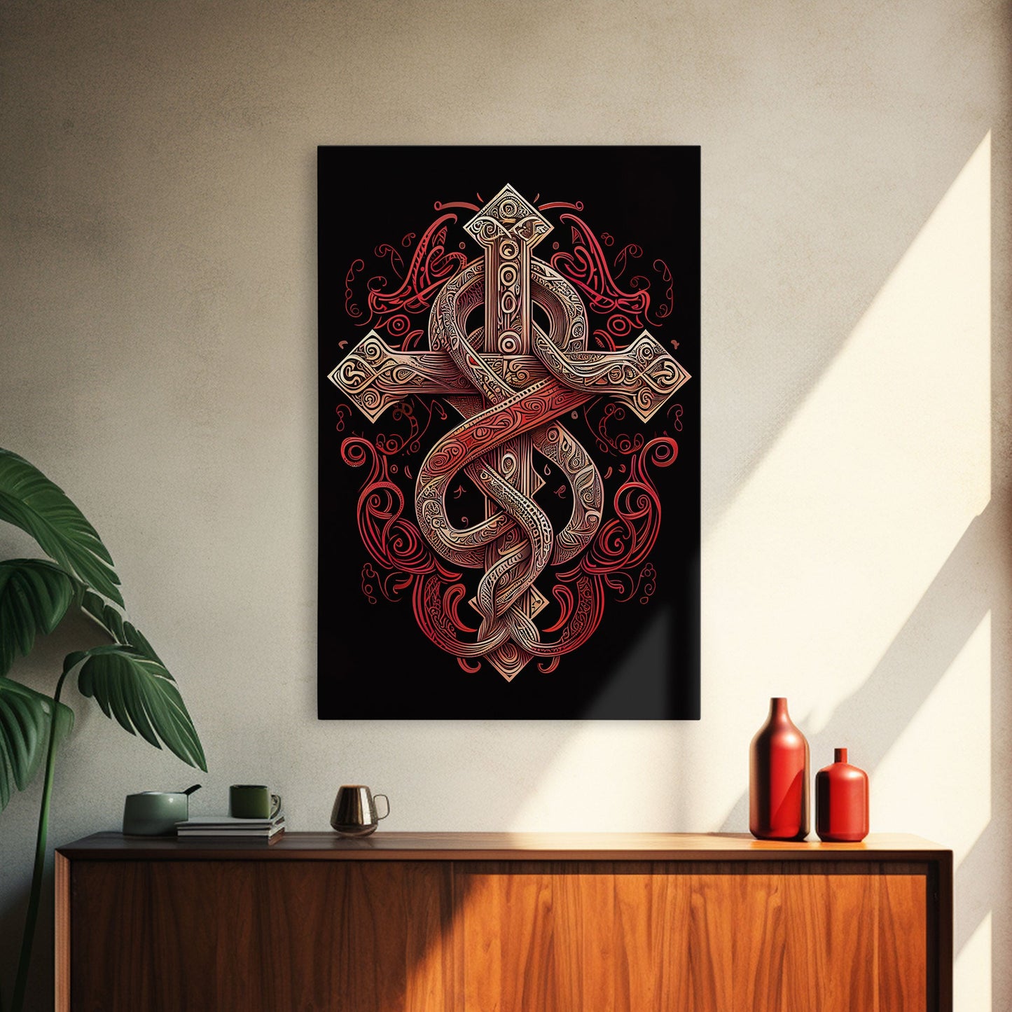 Cool Cross Art | Wall Art | Gothic Cross | Framed Canvas Print | Framed Art | Red and White Cross & Snake