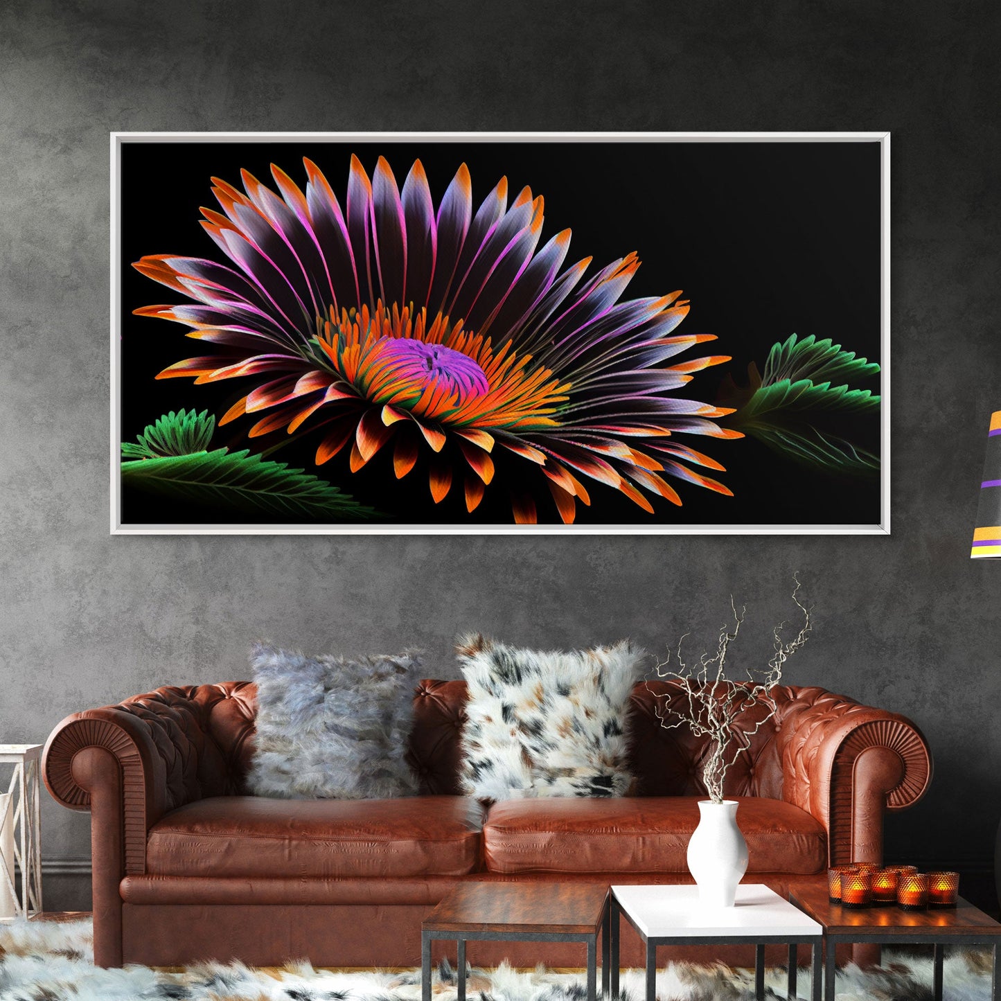 Neon Flowers Wall Art, Framed Canvas Print, Original Flower Painting, Mother's Day Gift, Floral Decor, Black Background Flower Art
