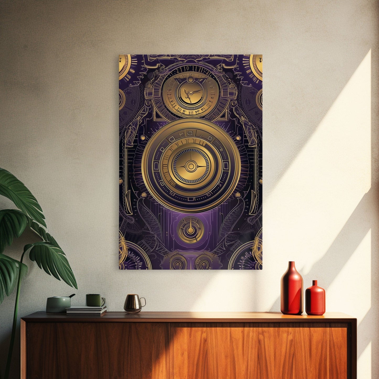 Midcentury Modern Wall art, Framed Canvas Print, Art Deco, Patterns art, Ornament art, Purple & gold art, Original painting, Bright colors