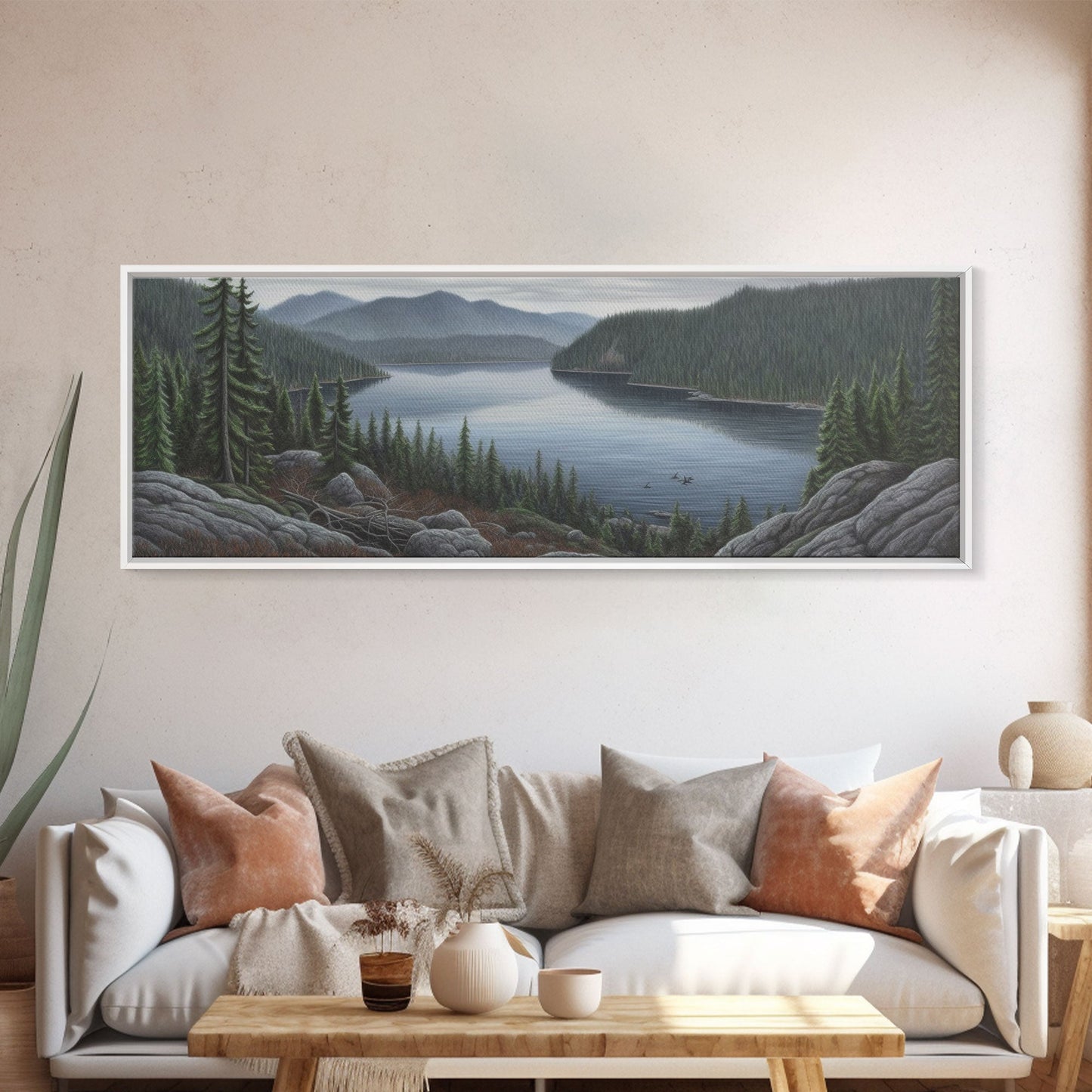 Lake Landscape Wall Art Print, Trees, Mountain, Reflection, Colored Pencil Large Canvas Art Print, Panoramic, Wall Art, Canvas Print