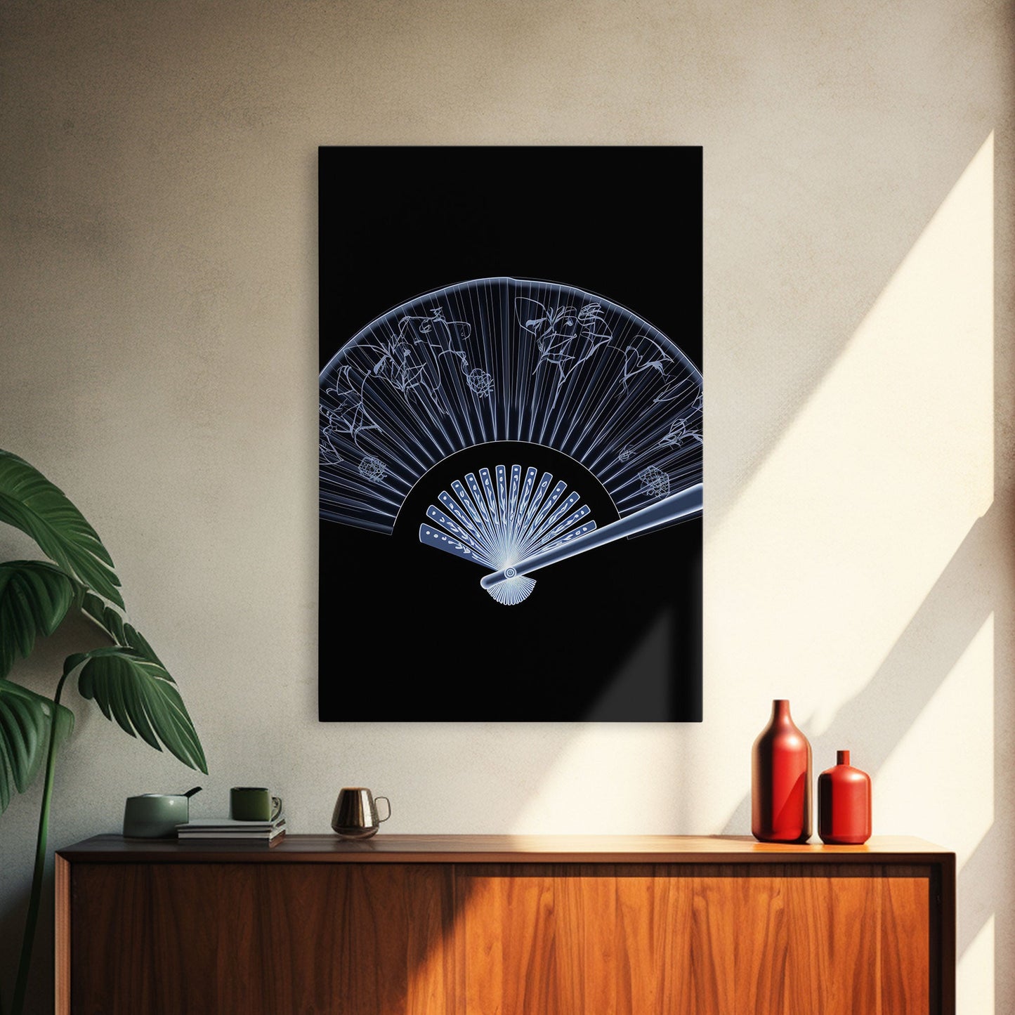 Folding Fan Wall Art, Chinese Art Print, White Fan, Black And White, Minimalist Print, Wall Decor, Canvas Print, Wall Art, Framed Canvas