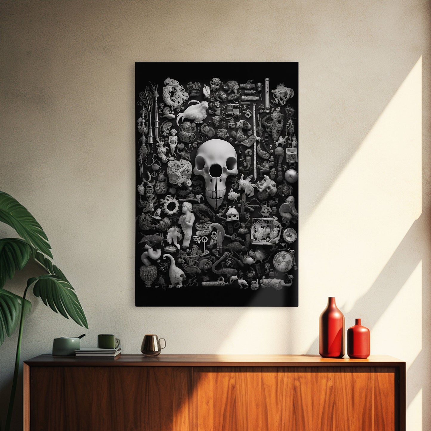 Collection of Trinkets Wall Art, Weird Wall Art, Black And White, Minimalist Print, Wall Decor, Canvas Print, Wall Art, Framed Canvas
