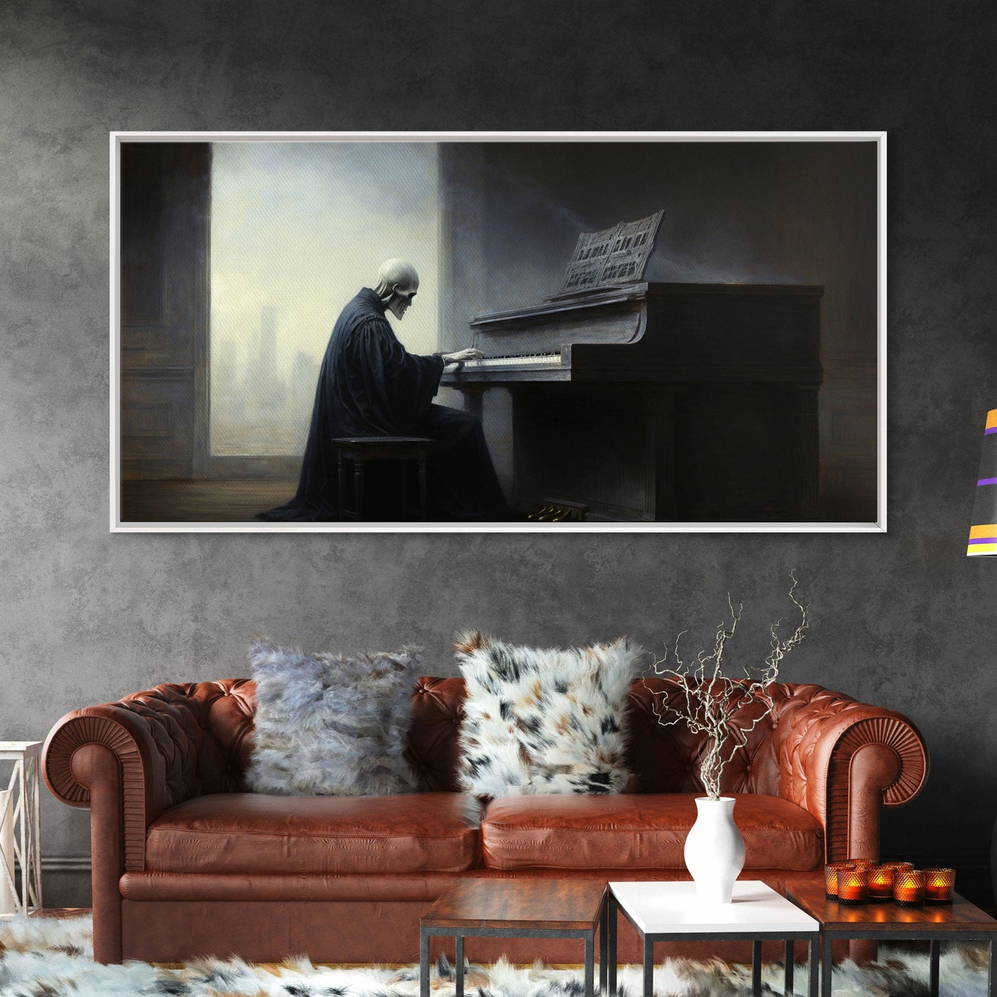Grim Reaper Playing The Piano, Framed Canvas Print, Cool Halloween Decor, Wild West Themed Halloween Art