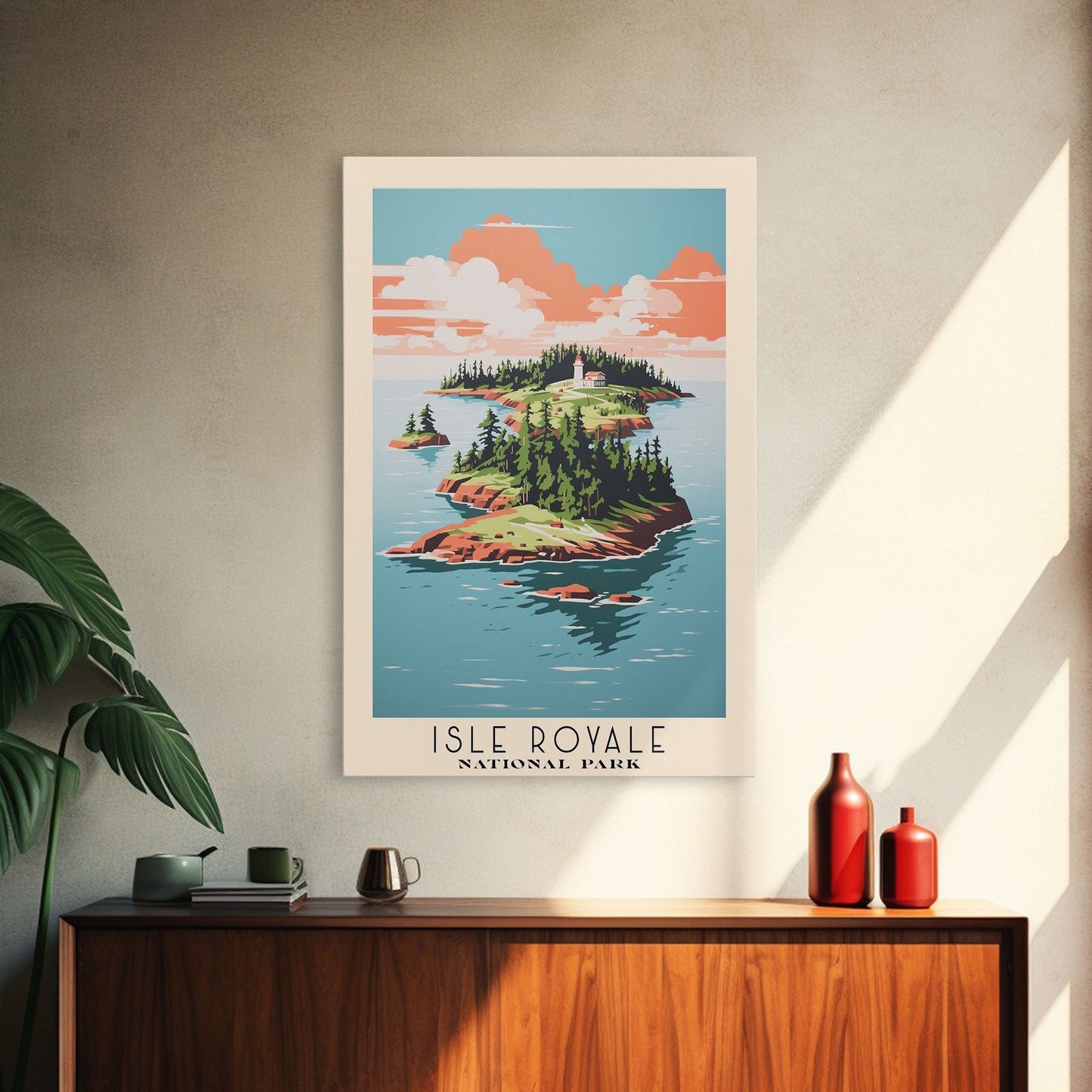 Isle Royale National Park Michigan Travel Art, National Park Print, Minimalist Travel Art, Midcentury Modern Style Landscape Painting