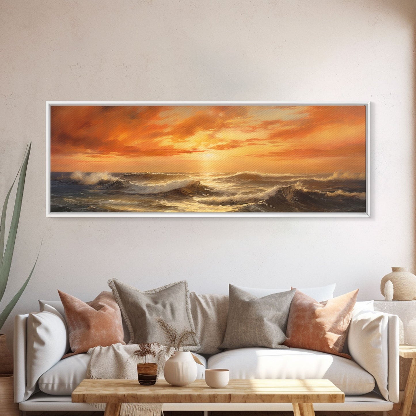 Framed Wall Art Print Set Sunset Horizon on Beach Shore Nature Ocean Oil Painting Nautical Scenic Colorful Multicolor Ultra