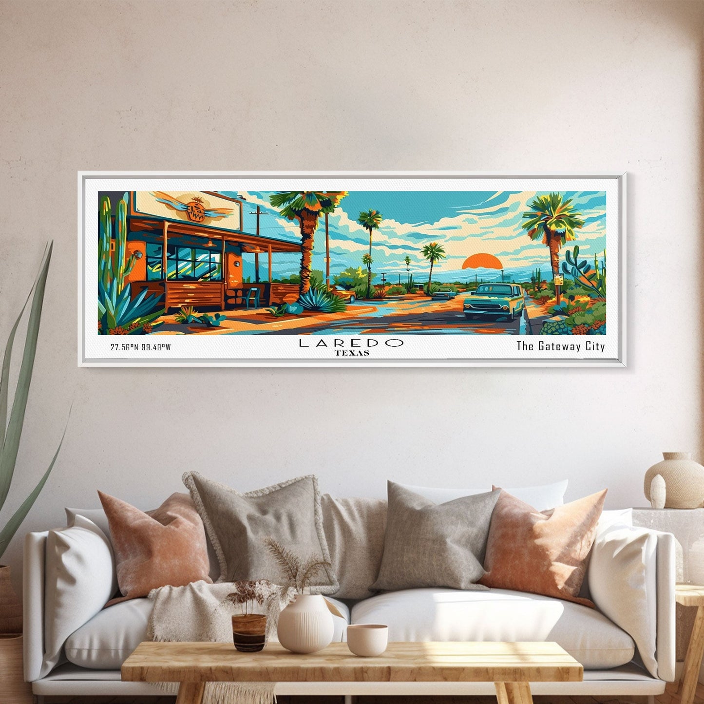 Laredo Texas Panoramic Wall Art, Pop Art Framed Canvas Print, Mid Century Modern Home Decor, Retro Style Travel Poster