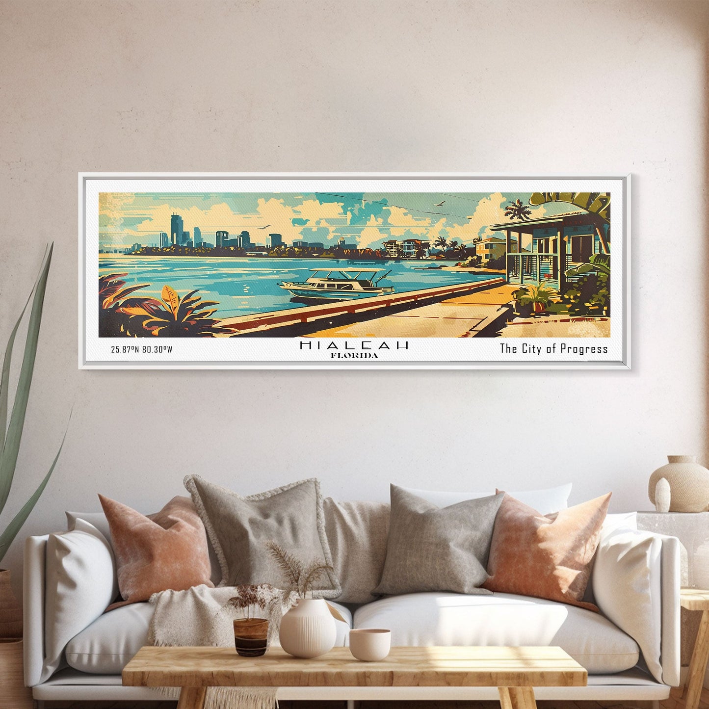 Hialeah Florida Panoramic Painting, Mid Century Modern Framed Canvas Print, Retro Pop Art Travel Poster, Wall Art, Home Decor, Office Wall Art, Gift Idea