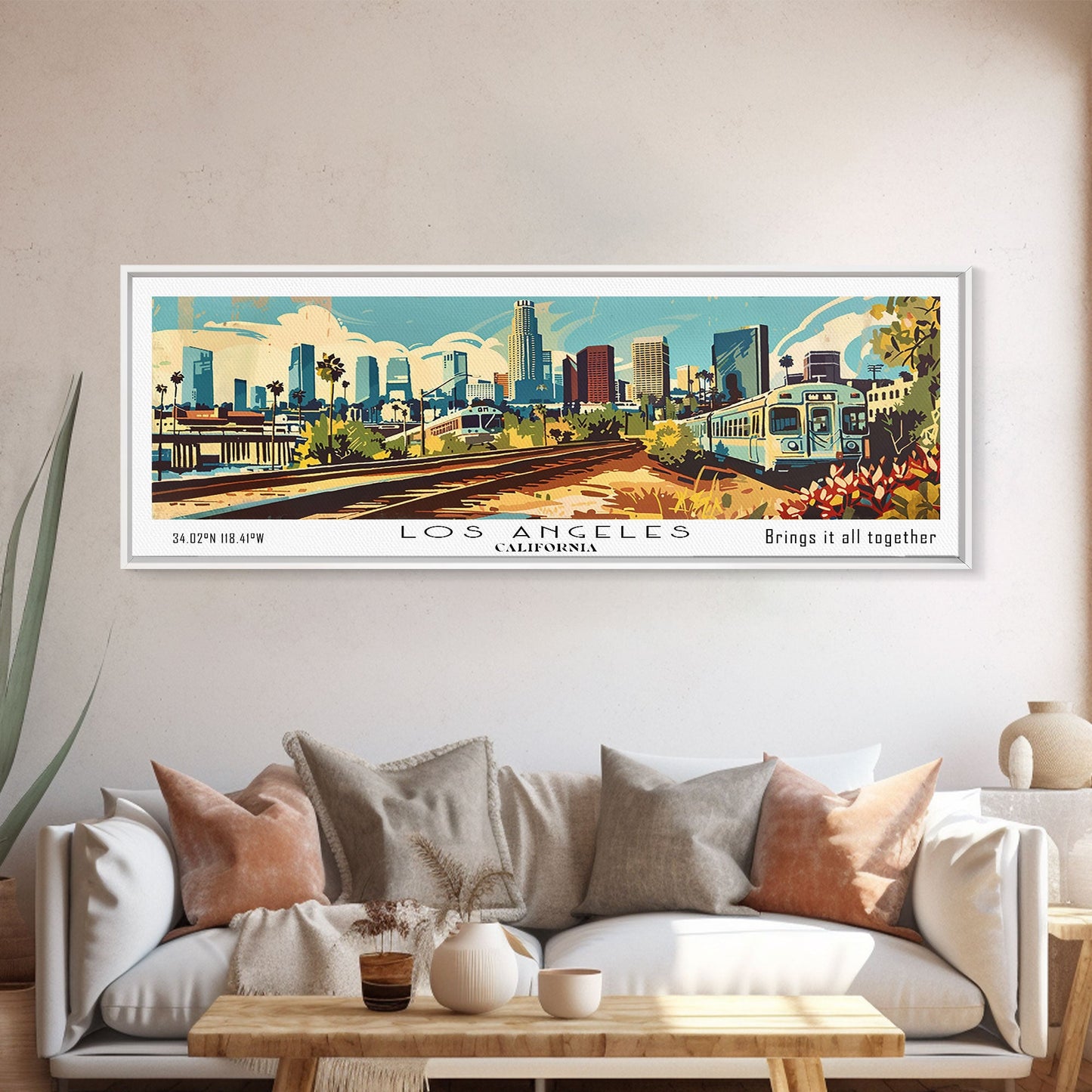 Los Angeles California Panoramic Wall Art, Mid Century Modern Framed Canvas Print, Retro Pop Art Travel Poster, Home Decor, Office Wall Art, Gift Idea