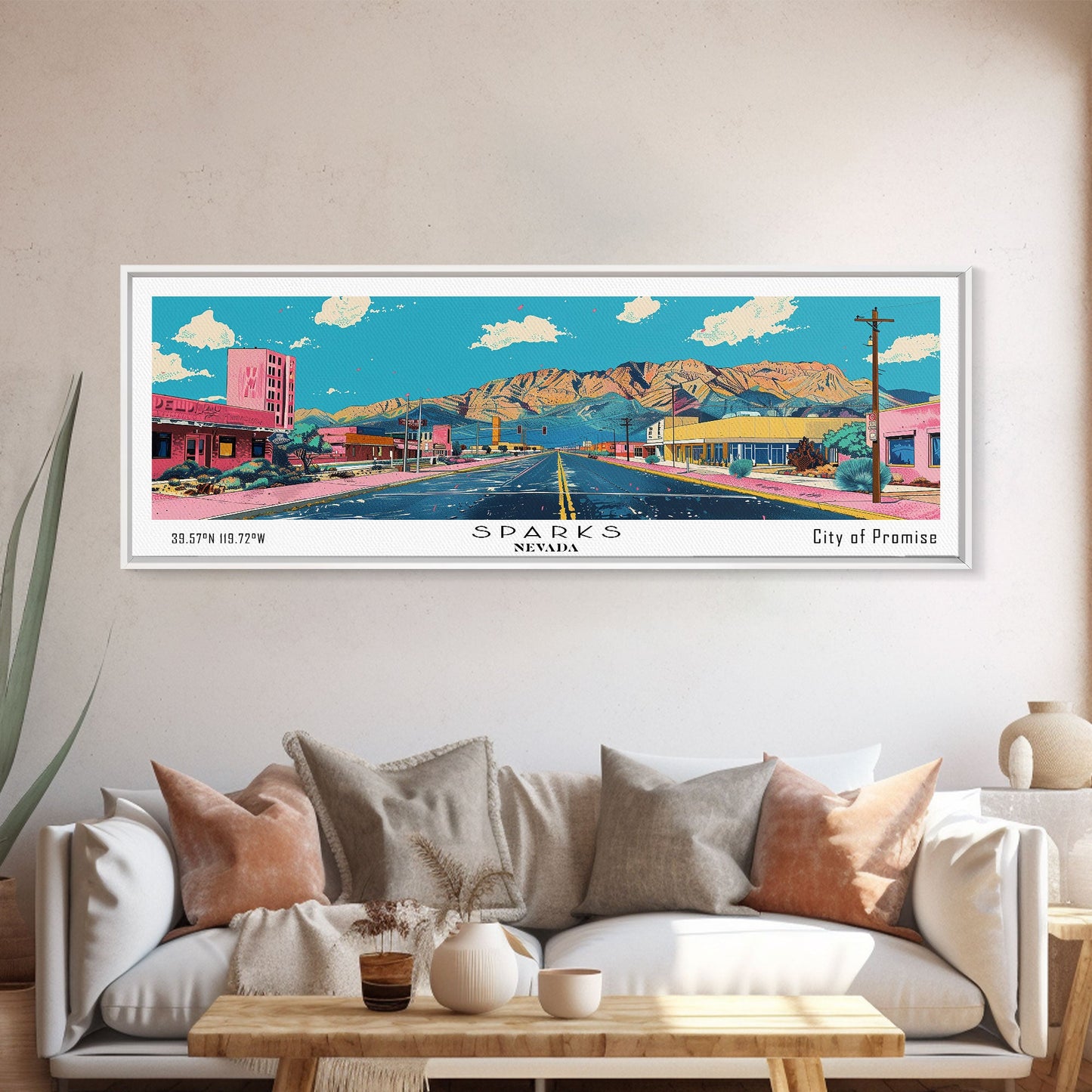 Sparks Nevada Panoramic Wall Art, Mid Century Modern Framed Canvas Print, Retro Pop Art Travel Poster, Living Room and Office Decor