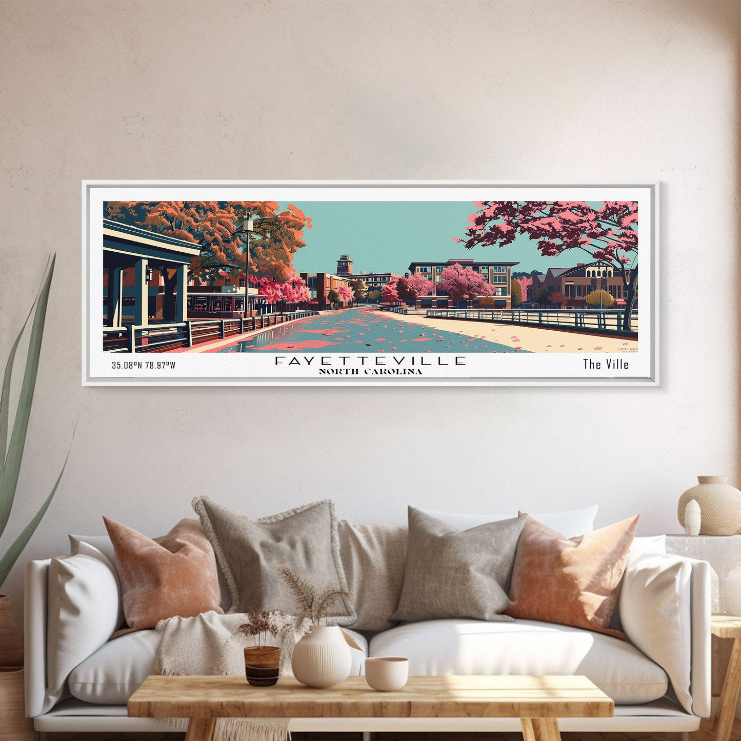 Fayetteville North Carolina Panoramic Painting, Framed Canvas Print, Mid Century Modern Wall Art, Retro Pop Art Travel Poster, Home Decor, City Art