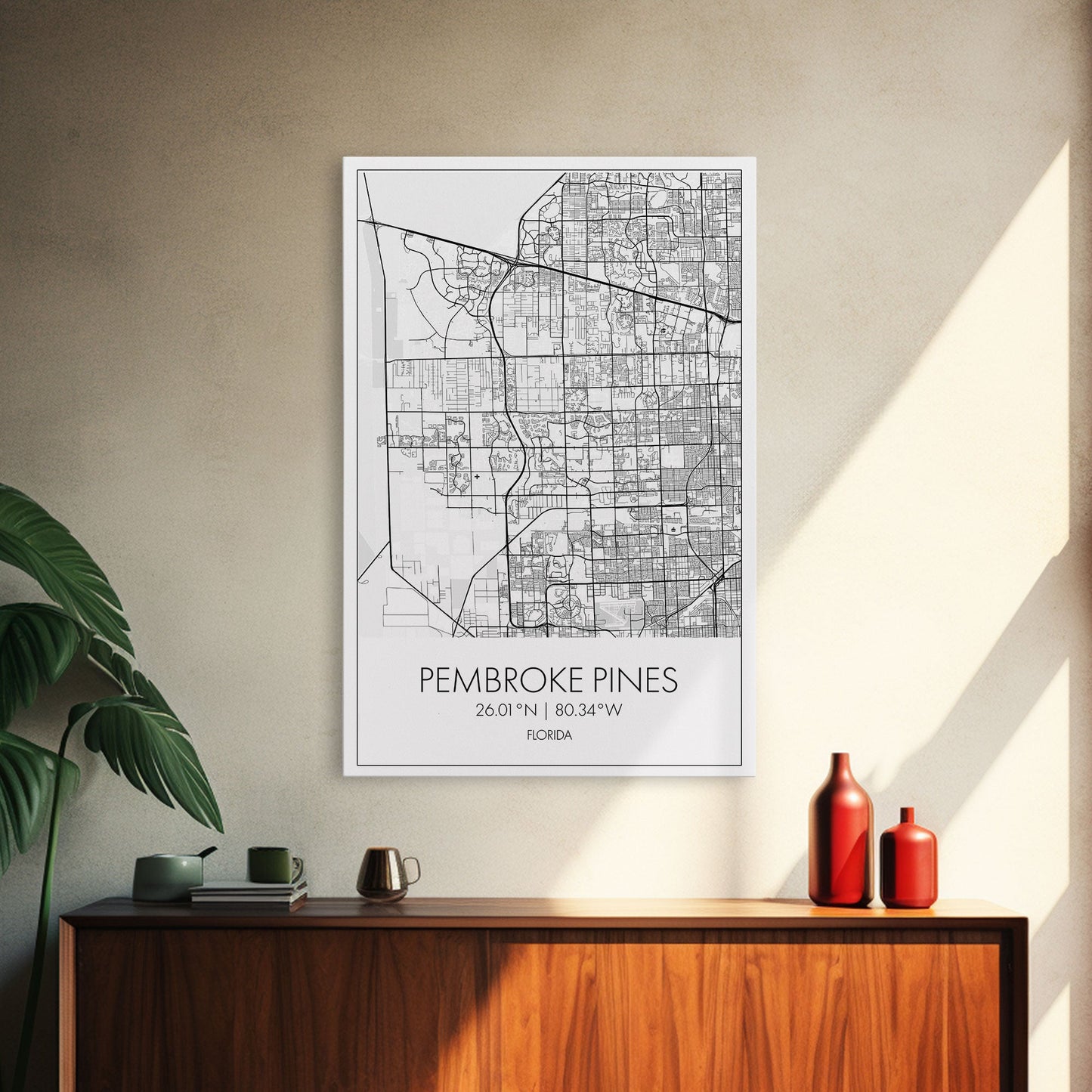Pembroke Pines Street Map, Florida Map, City Map Art, Minimalist Art, Wall Art, Canvas Print, Home Décor Wall Art, Wedding Gift, Travel Art
