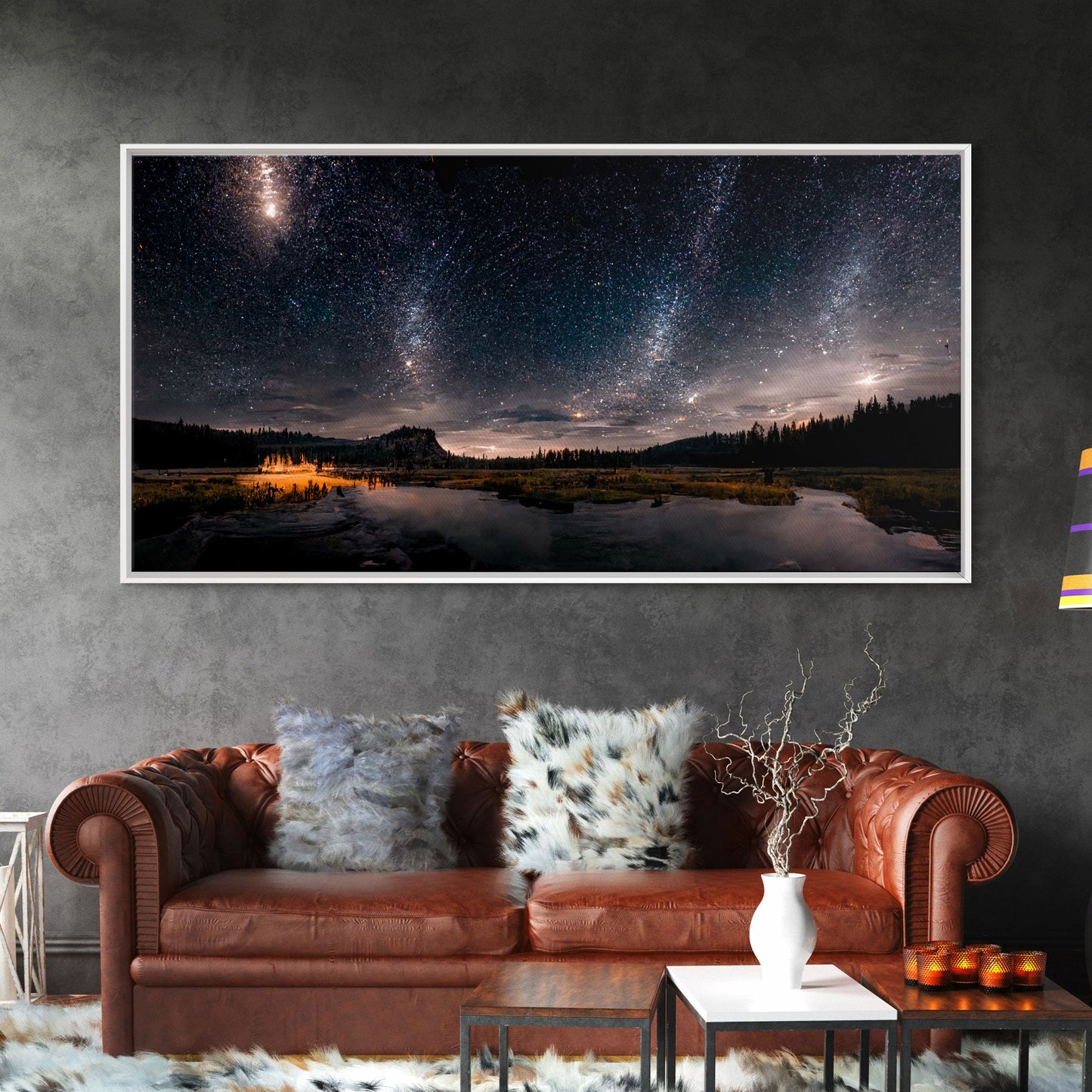 Cool Wall Art Landscape Mountains Nature Painting Prints Minimalist Modern Home Artwork Decoration Night Sky With Stars, Framed Canvas Print