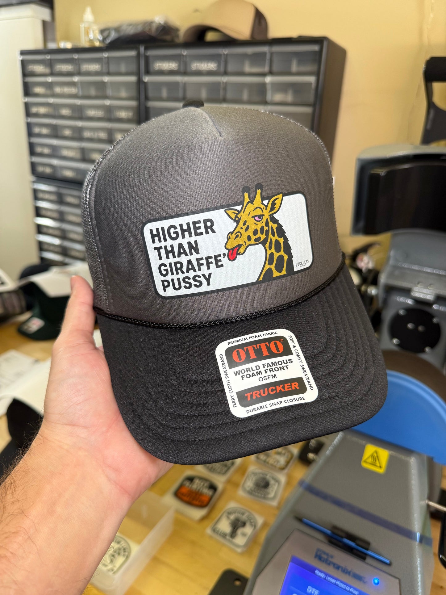 Higher Than Giraffe Pussy Foam Mesh Trucker Hat by Luckless Outfitters