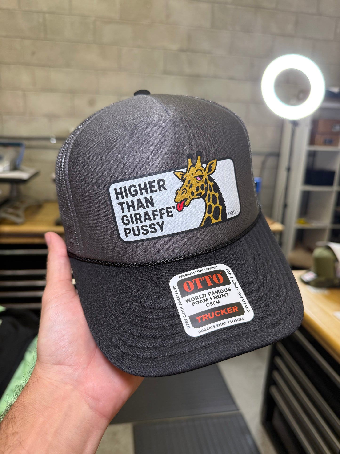 Higher Than Giraffe Pussy Foam Mesh Trucker Hat by Luckless Outfitters