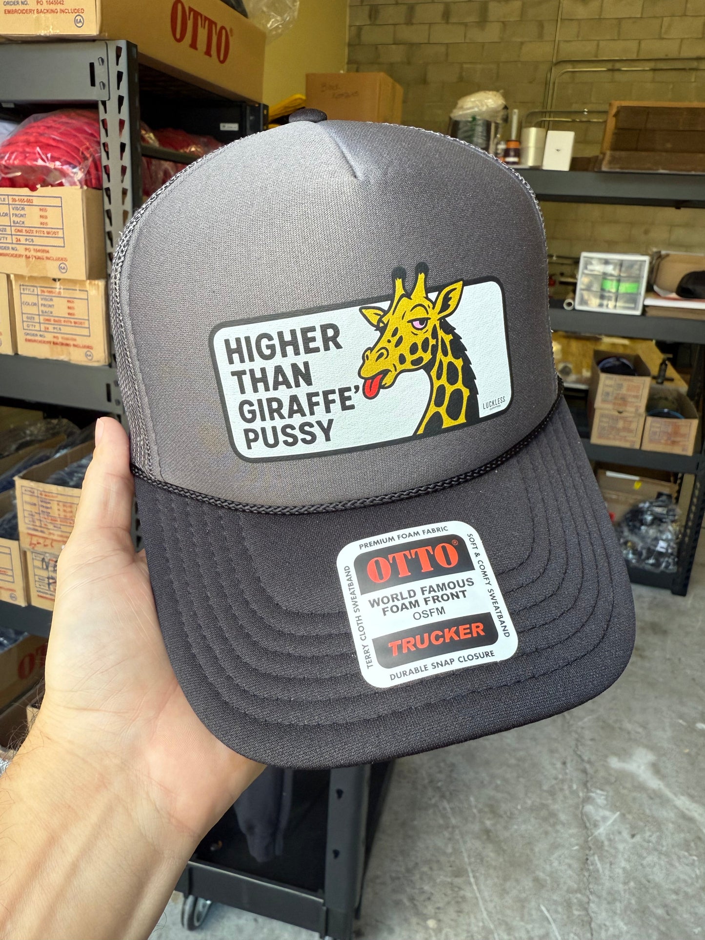 Higher Than Giraffe Pussy Foam Mesh Trucker Hat by Luckless Outfitters