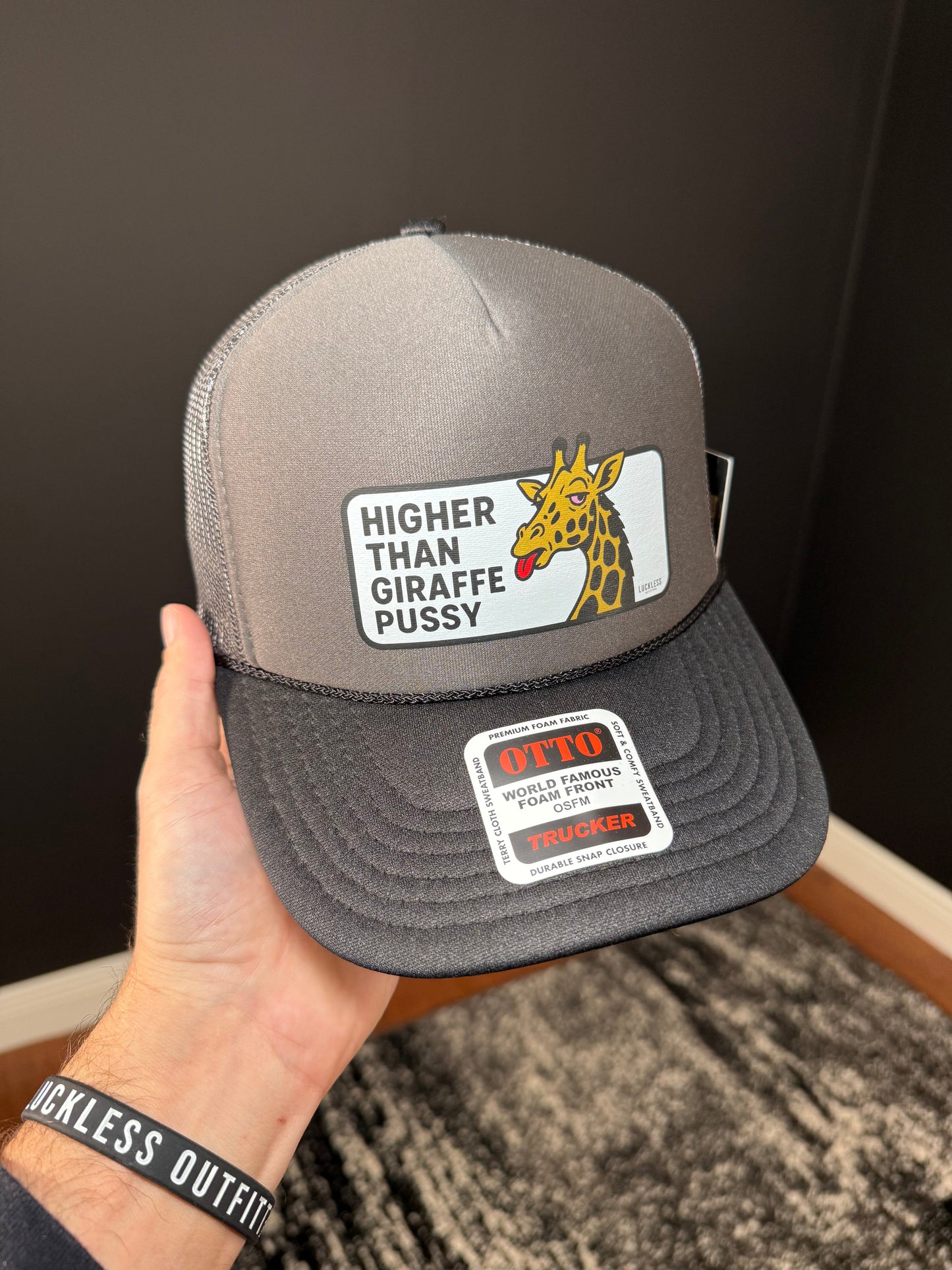 Higher Than Giraffe Pussy Foam Mesh Trucker Hat by Luckless Outfitters