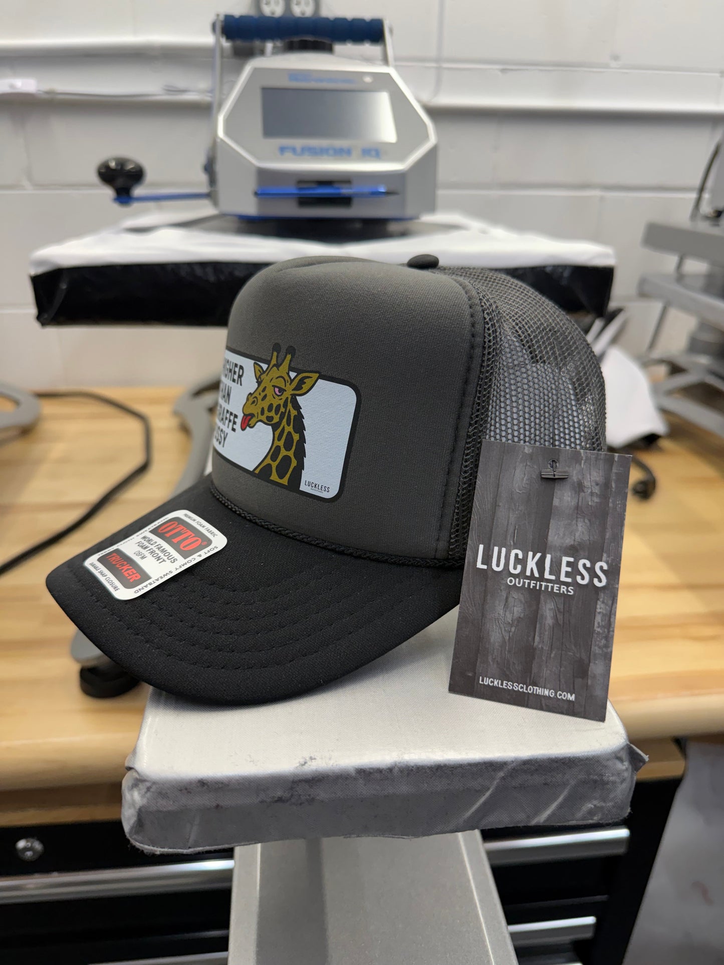 Higher Than Giraffe Pussy Foam Mesh Trucker Hat by Luckless Outfitters