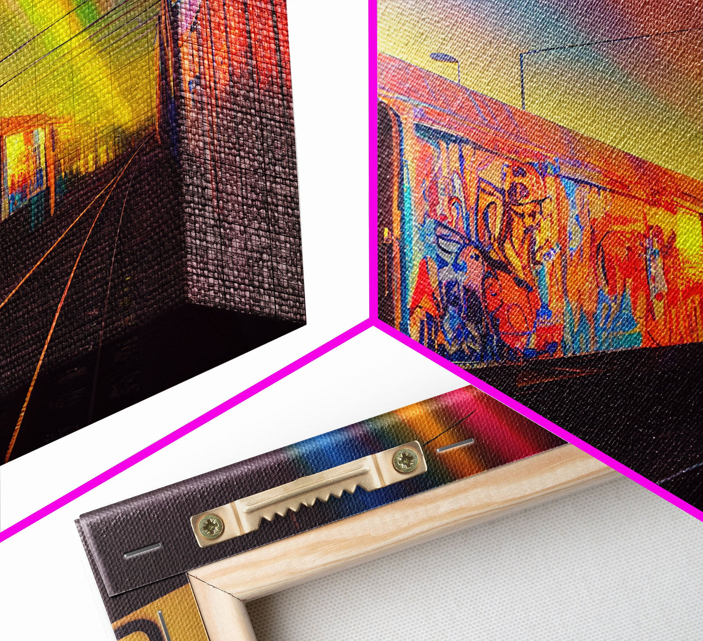 Urban graffiti, graffiti covered train cars, urban art, 3 piece canvas, 3 piece wall art, synthwave dystopian art