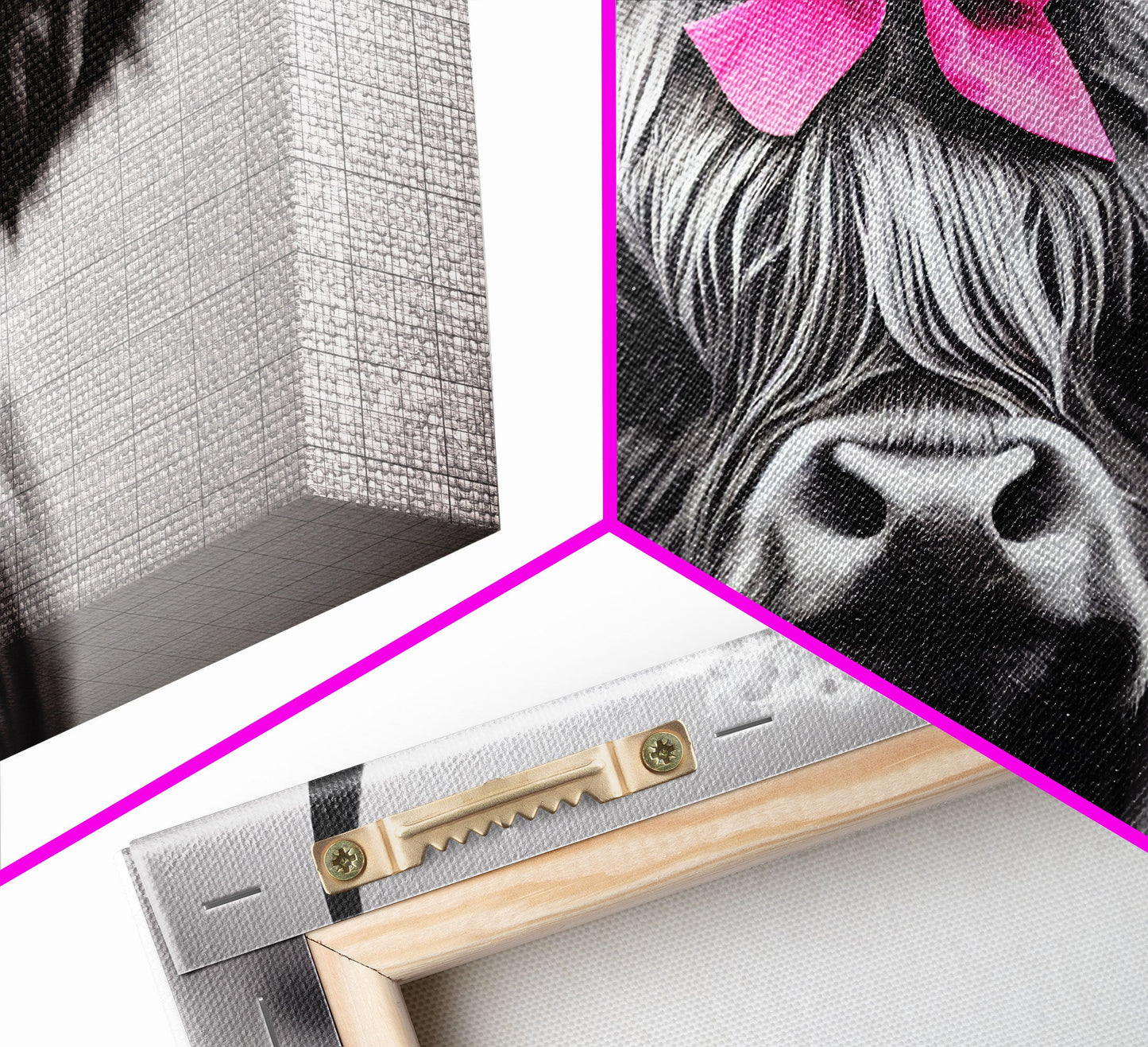 Cute Highland Cow wearing a Bow, Pink Bow on a Cute Cow, framed canvas print, black and white farmhouse cow art