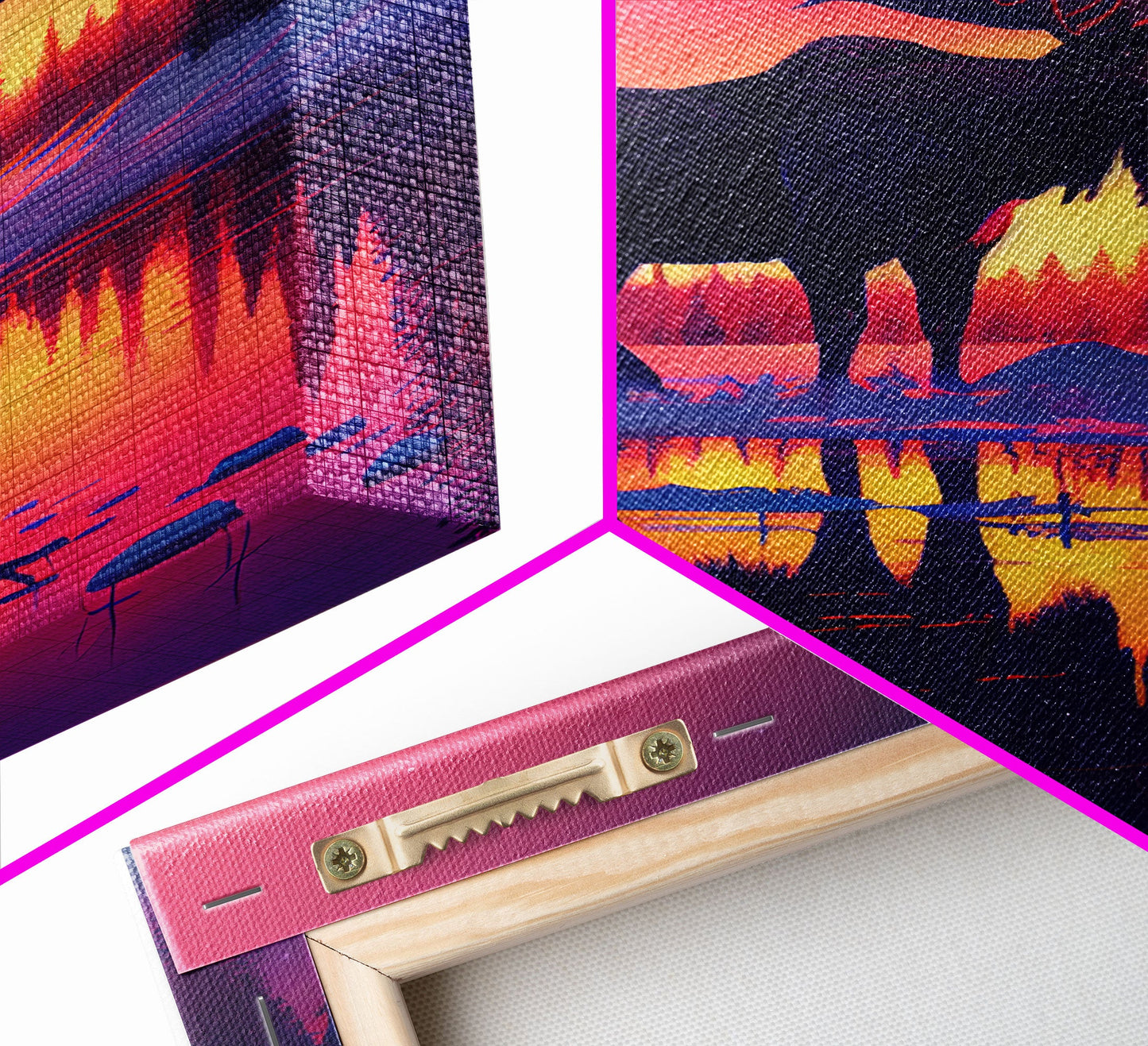 Moose of Canada, retrowave inspired Nature art, framed canvas print, cabin art, colorful farmhouse decor