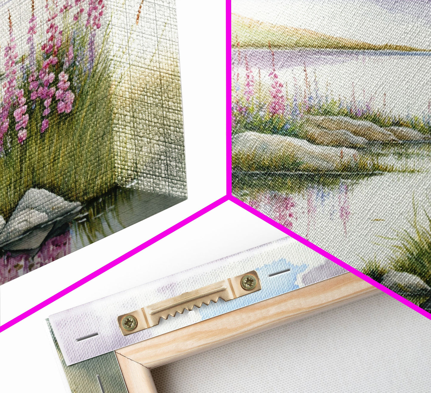 Pink flower landscape art, beautiful nature watercolor painting canvas print, Framed Canvas Print, Wall decoration, living room wall art