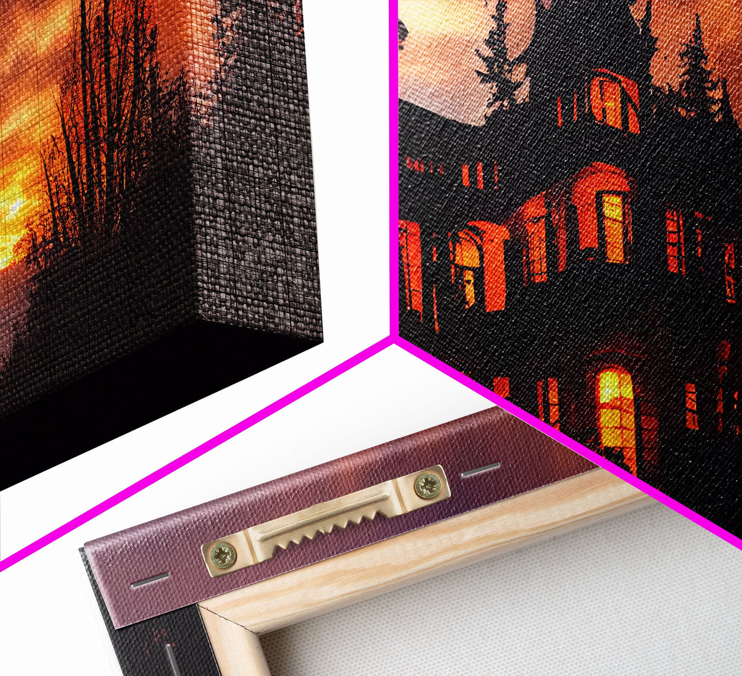Spooky Halloween Wall Art, Haunted House Canvas Print, Ready to hang canvas, orange creepy house at night, Wall Decor