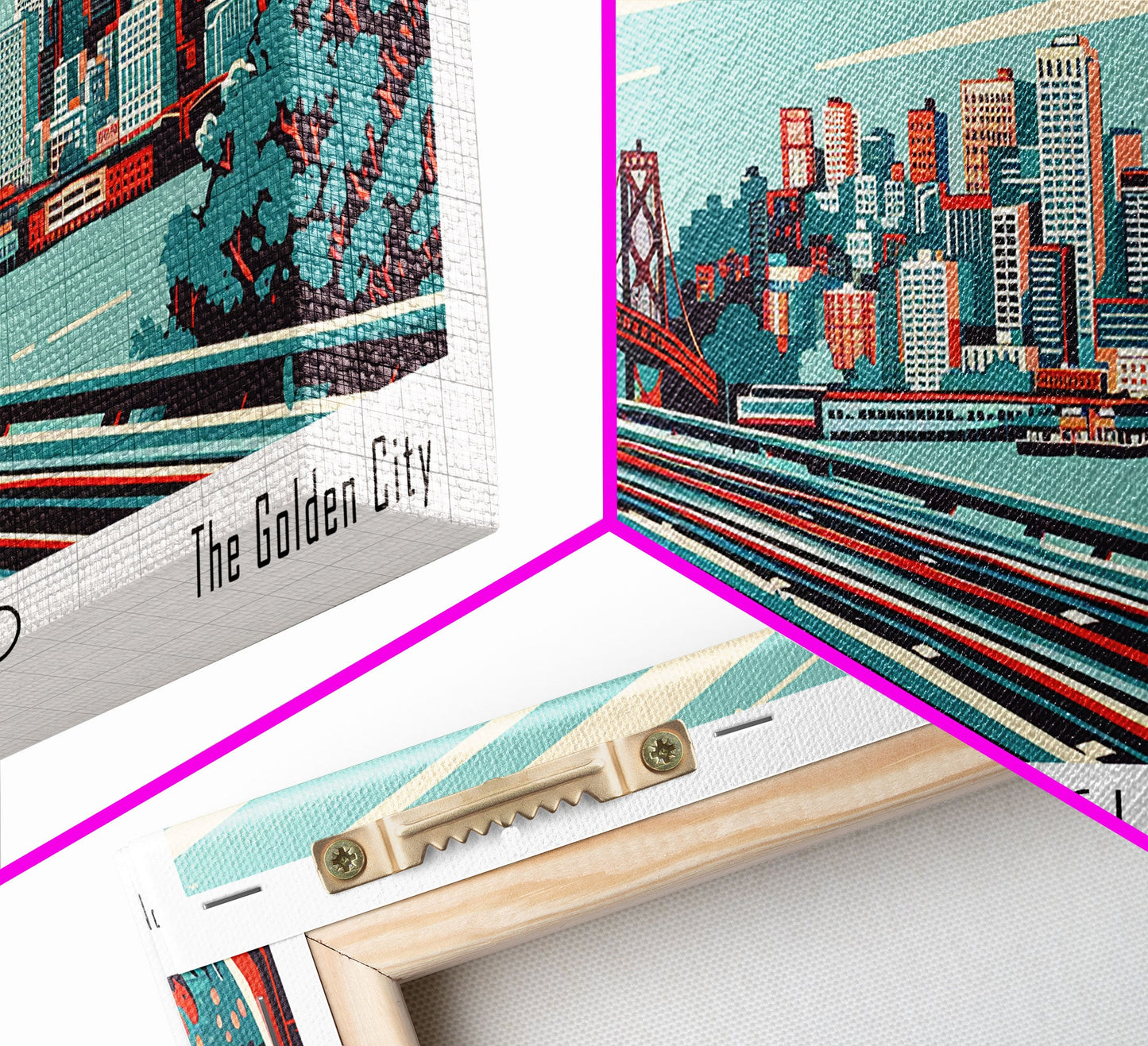 San Francisco California Panoramic Travel Poster Framed Canvas Print, Mid Century Modern Art, Pop Art Style, Wall Art, Home Decor, Retro Style Art