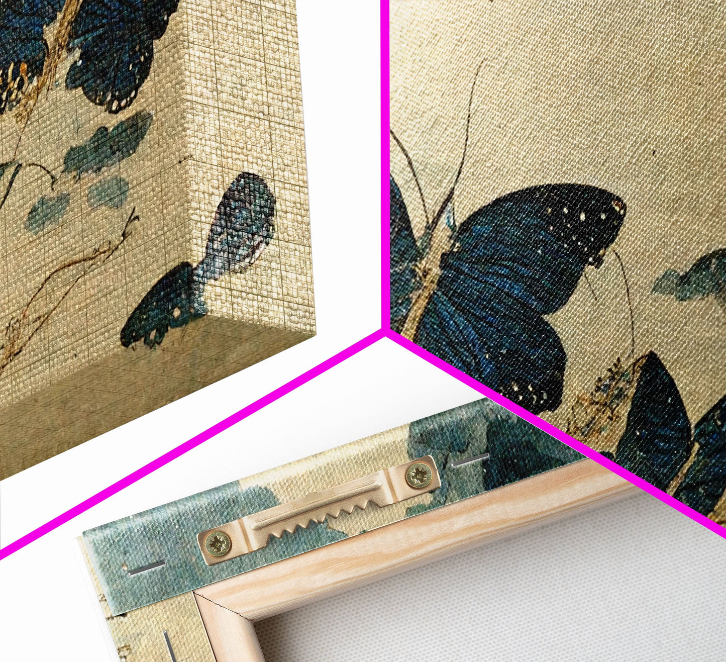Retro Japanese Style Butterflies Wall Art, Framed Canvas Print, Framed Wall Art, Blue butterfly Art