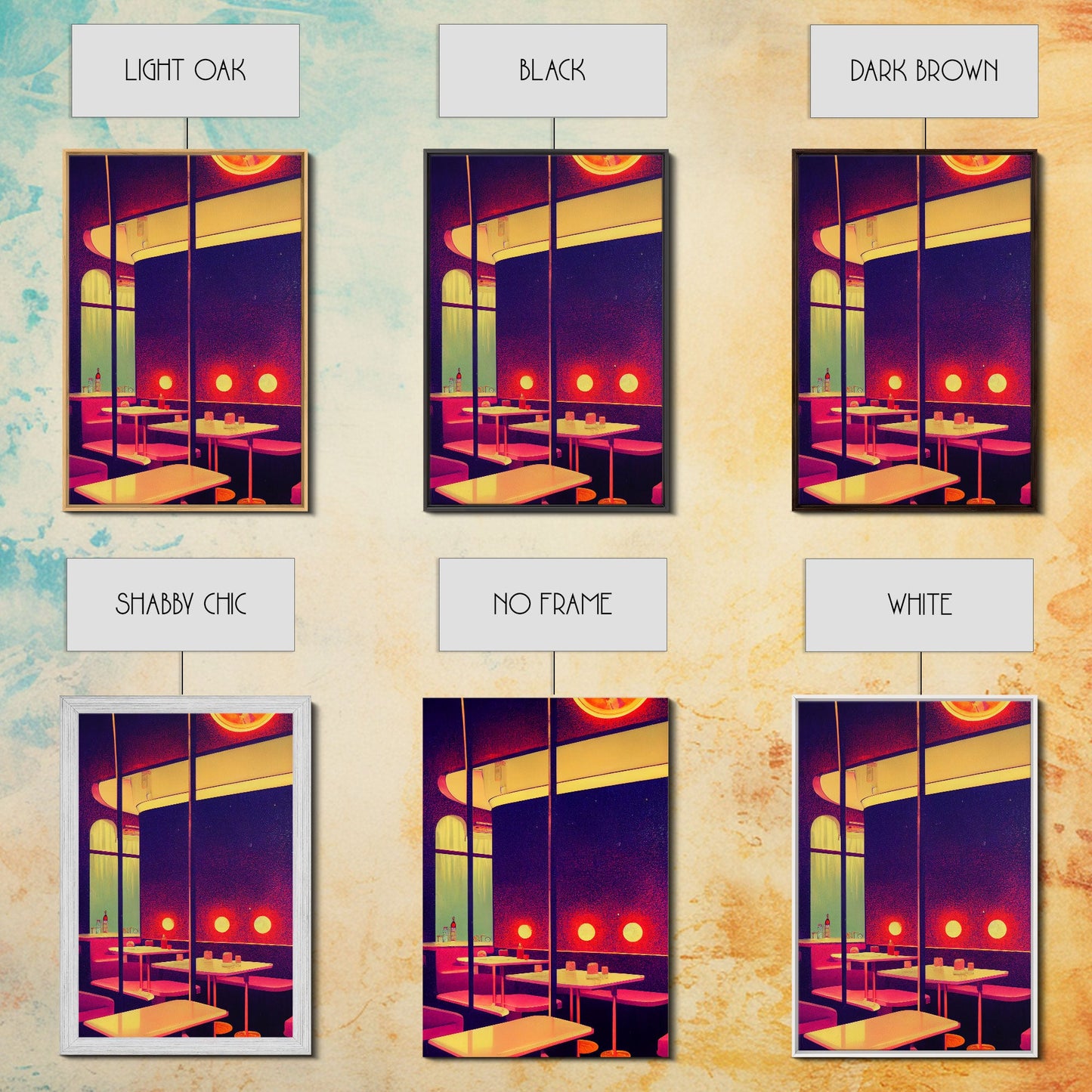 Retro 50s style diner art, vintage style, outrun style art, Framed Canvas Print, Ready To Hang Framed Wall Art, Living Room Wall Hanging
