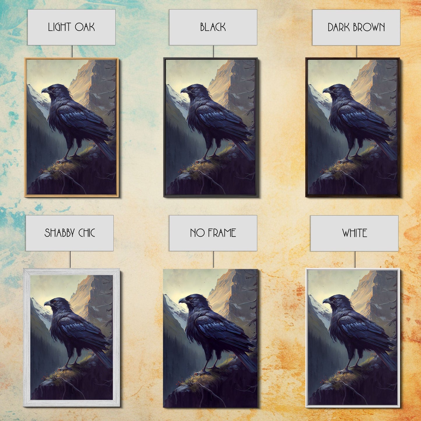 Portrait of a raven in the mountains, crow art, framed canvas print, framed wall art