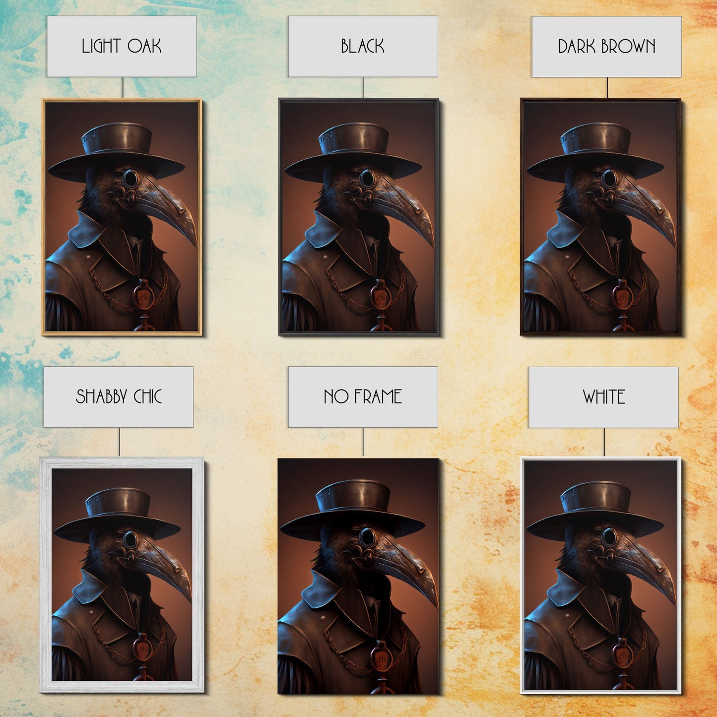 Crow wearing a plague doctor mask, poster art, cool spooky fine art poster print